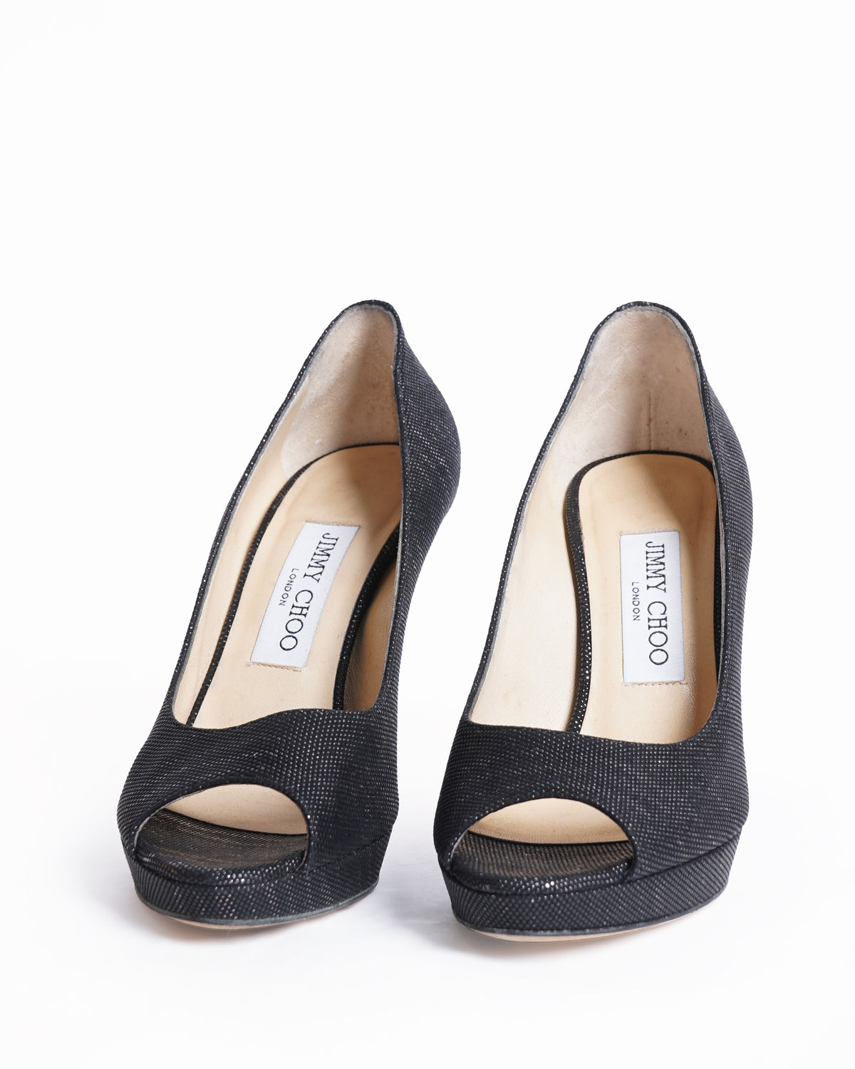 Jimmy Choo Black Lamè Fabric Quiet Peep Toe Heels