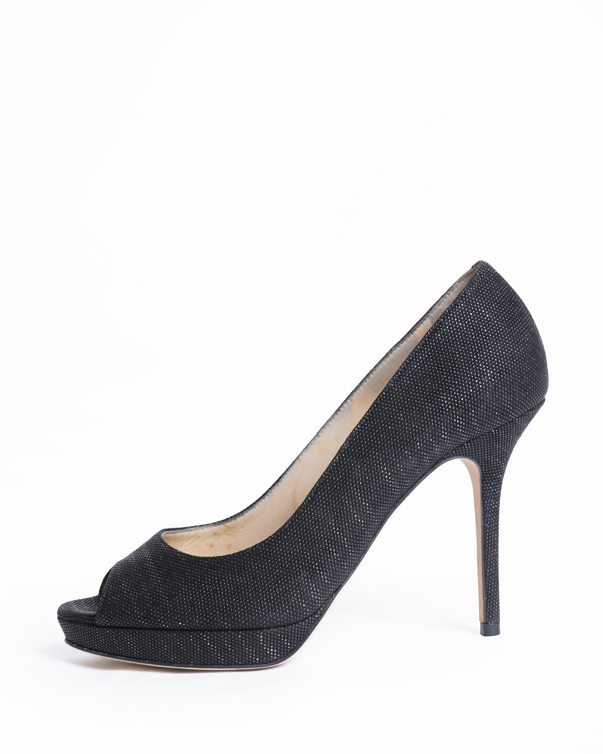 Jimmy Choo Black Lamè Fabric Quiet Peep Toe Heels
