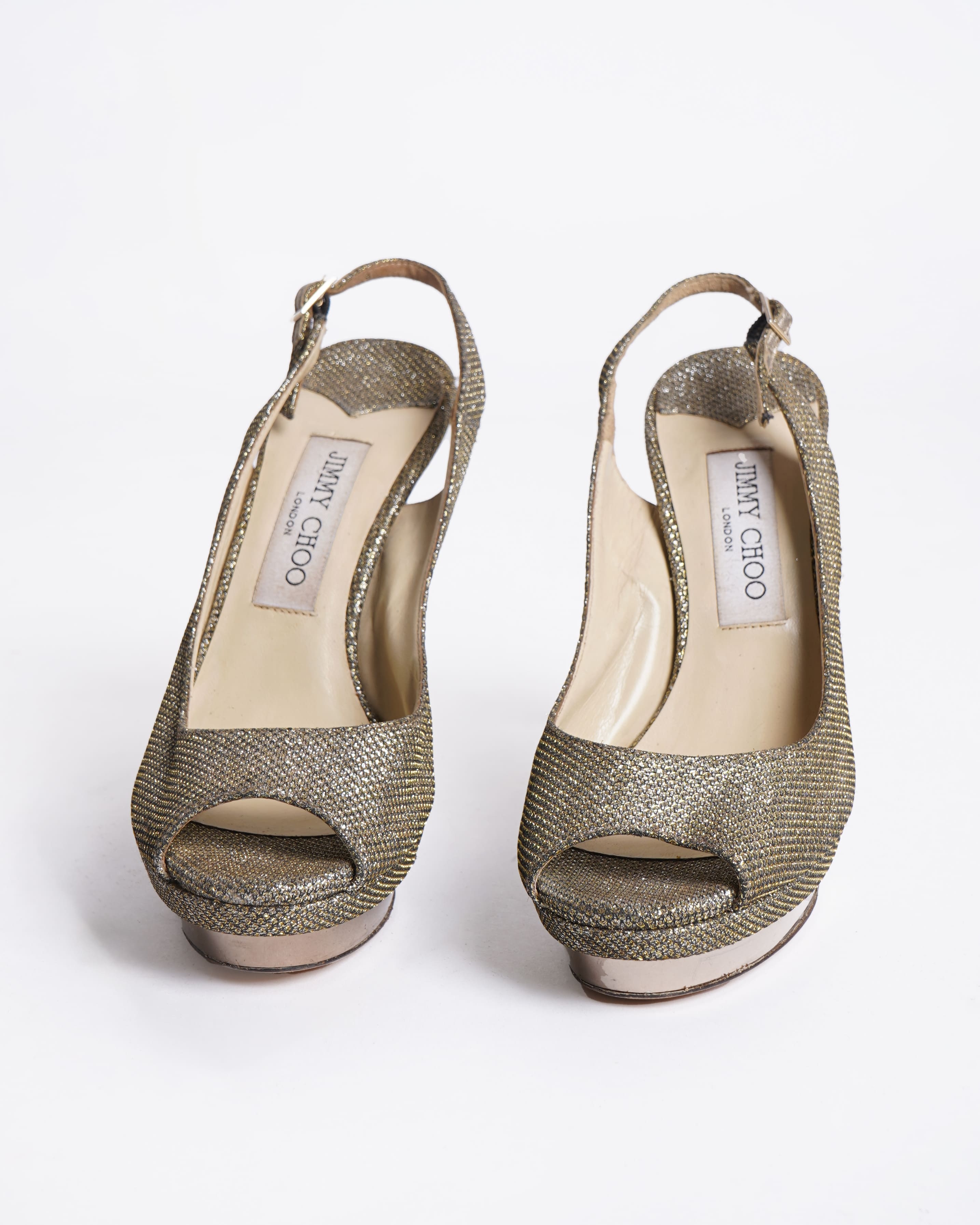 Jimmy Choo Mesh Glitter Heels In Gold Tone