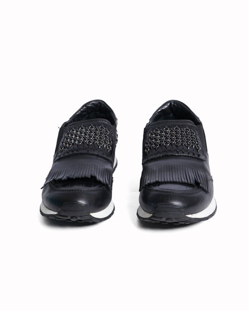 Tod's  Black Leather Sportivo Fringed Sneakers