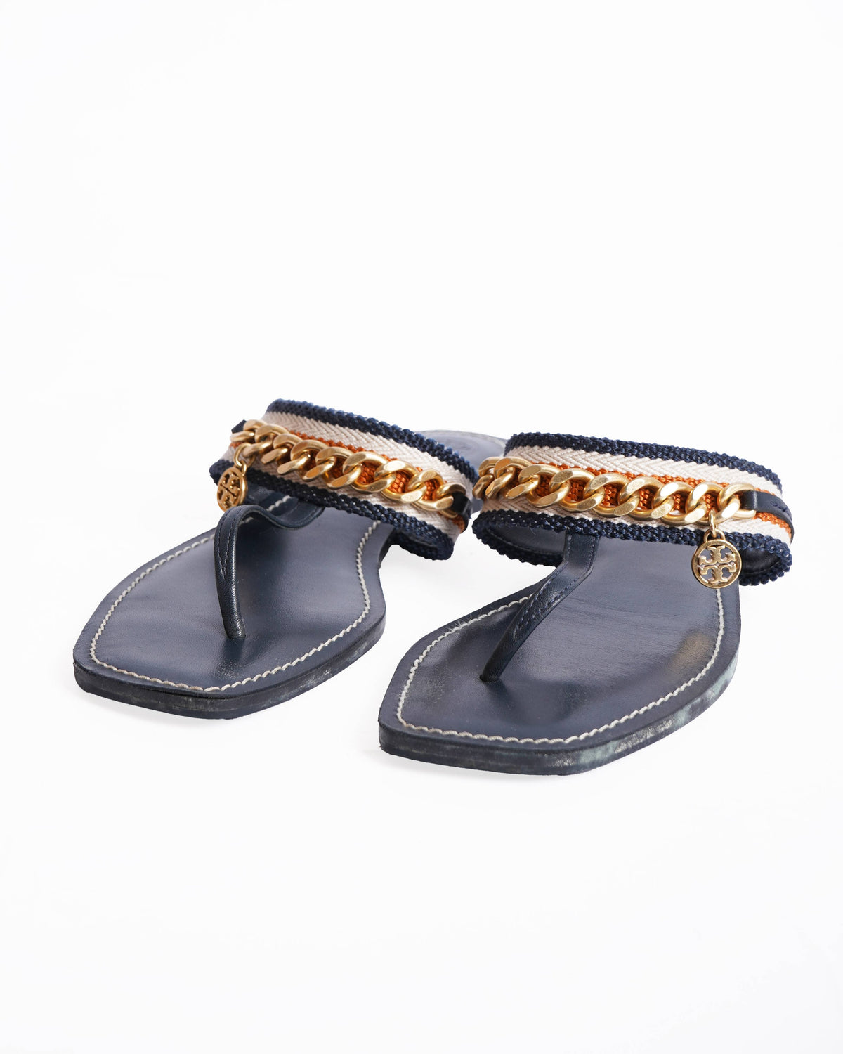 Tory Burch Mini Benton Chain Bad Sandal In Blue Calf Leather