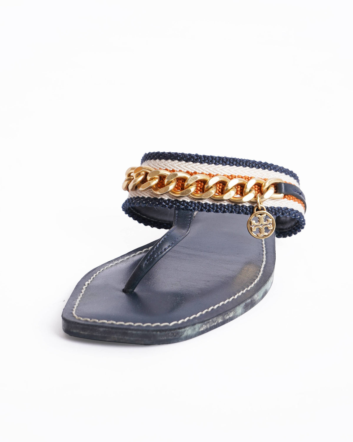 Tory Burch Mini Benton Chain Bad Sandal In Blue Calf Leather