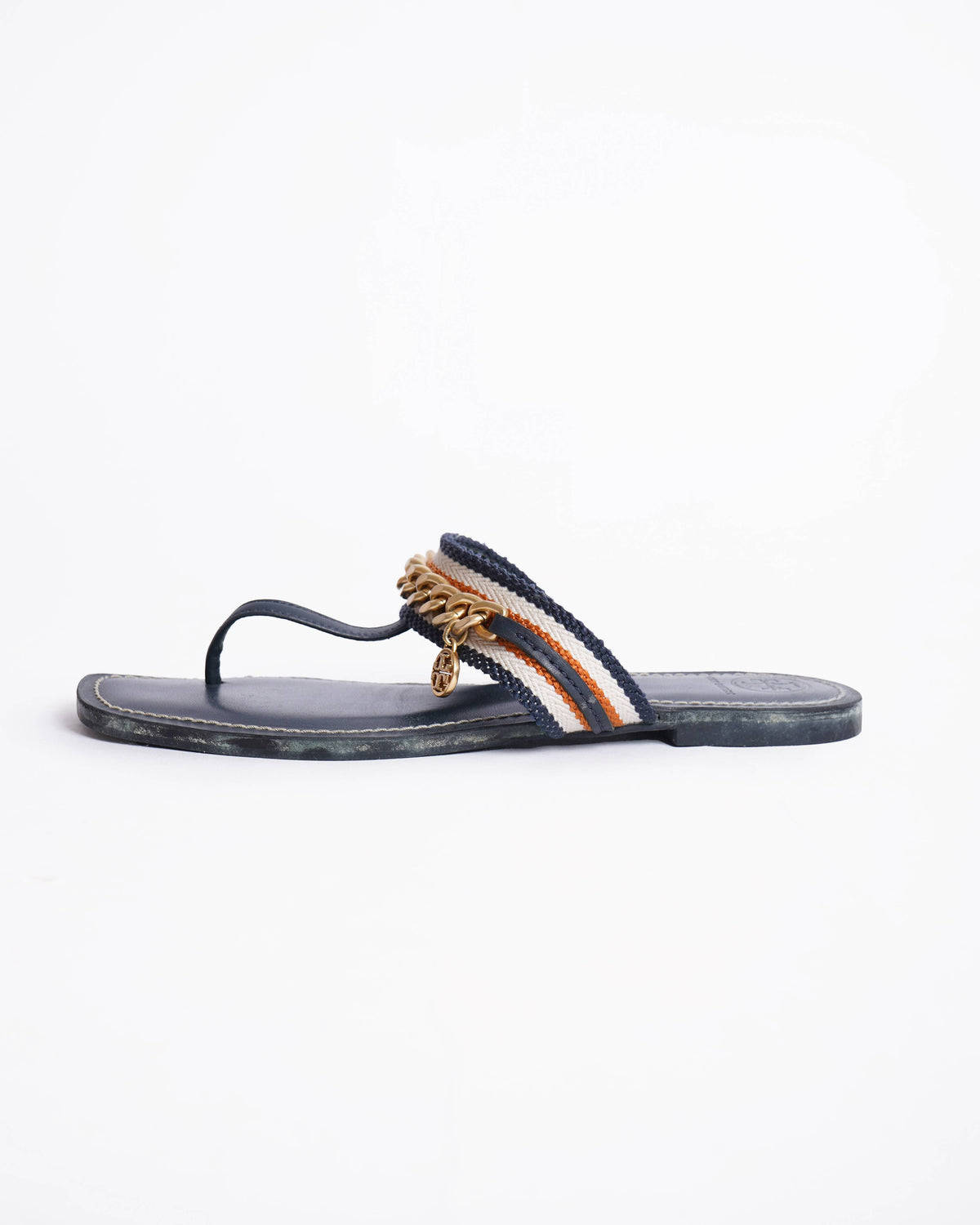 Tory Burch Mini Benton Chain Bad Sandal In Blue Calf Leather