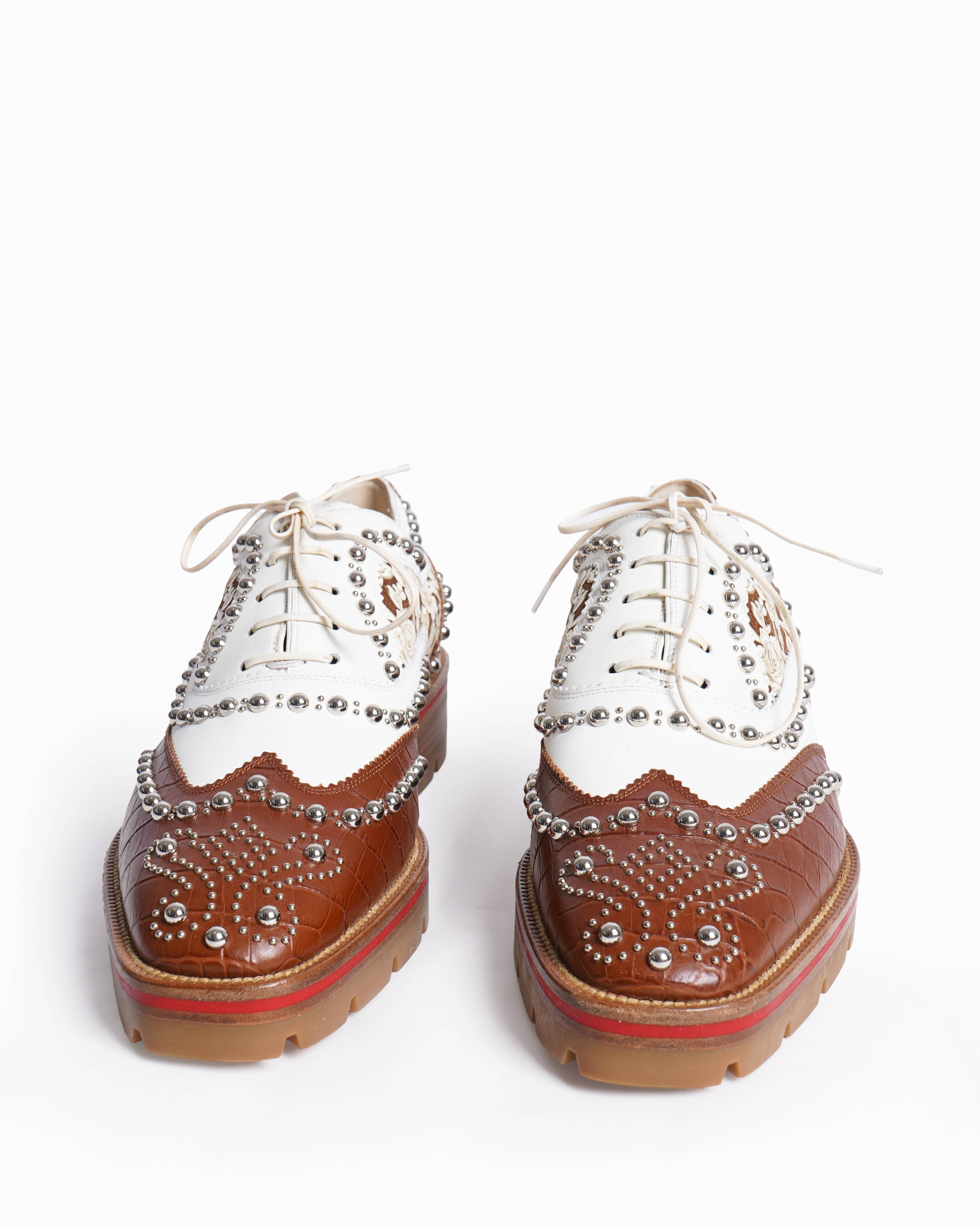 New Christian Louboutin Brown/White Croc Embossed and Leather Cappadonna Oxfords