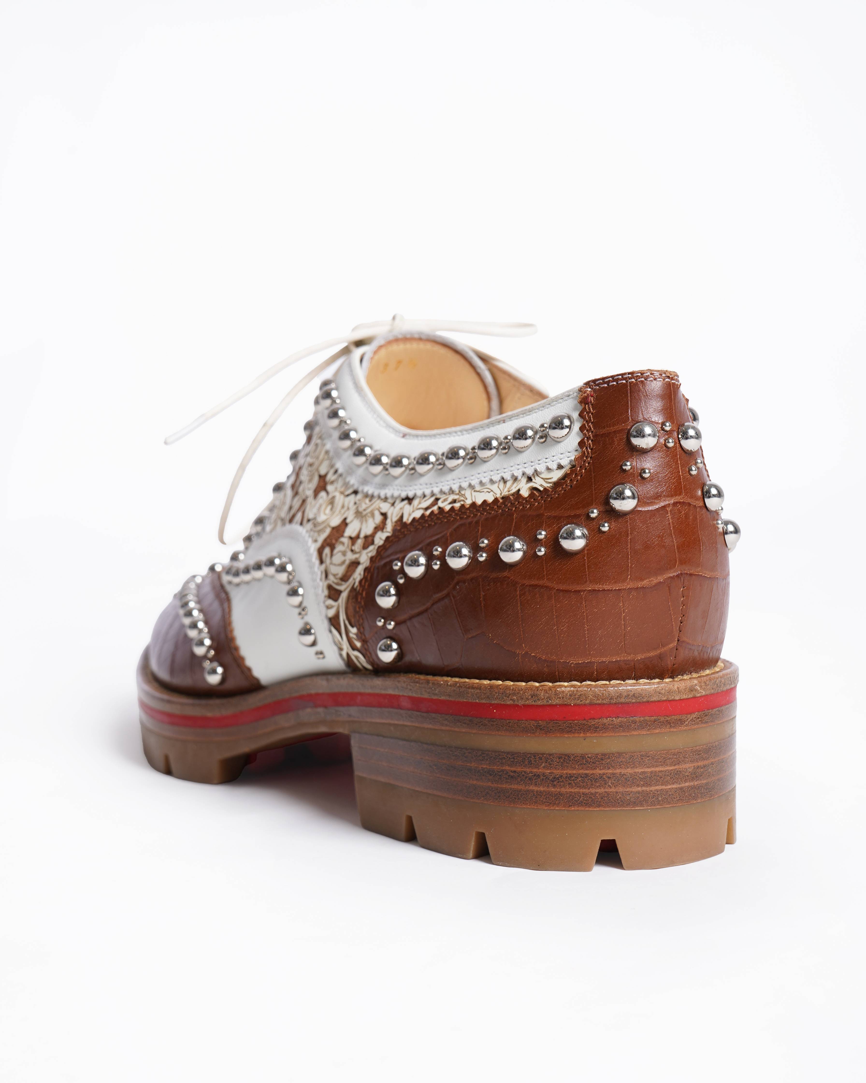 New Christian Louboutin Brown/White Croc Embossed and Leather Cappadonna Oxfords