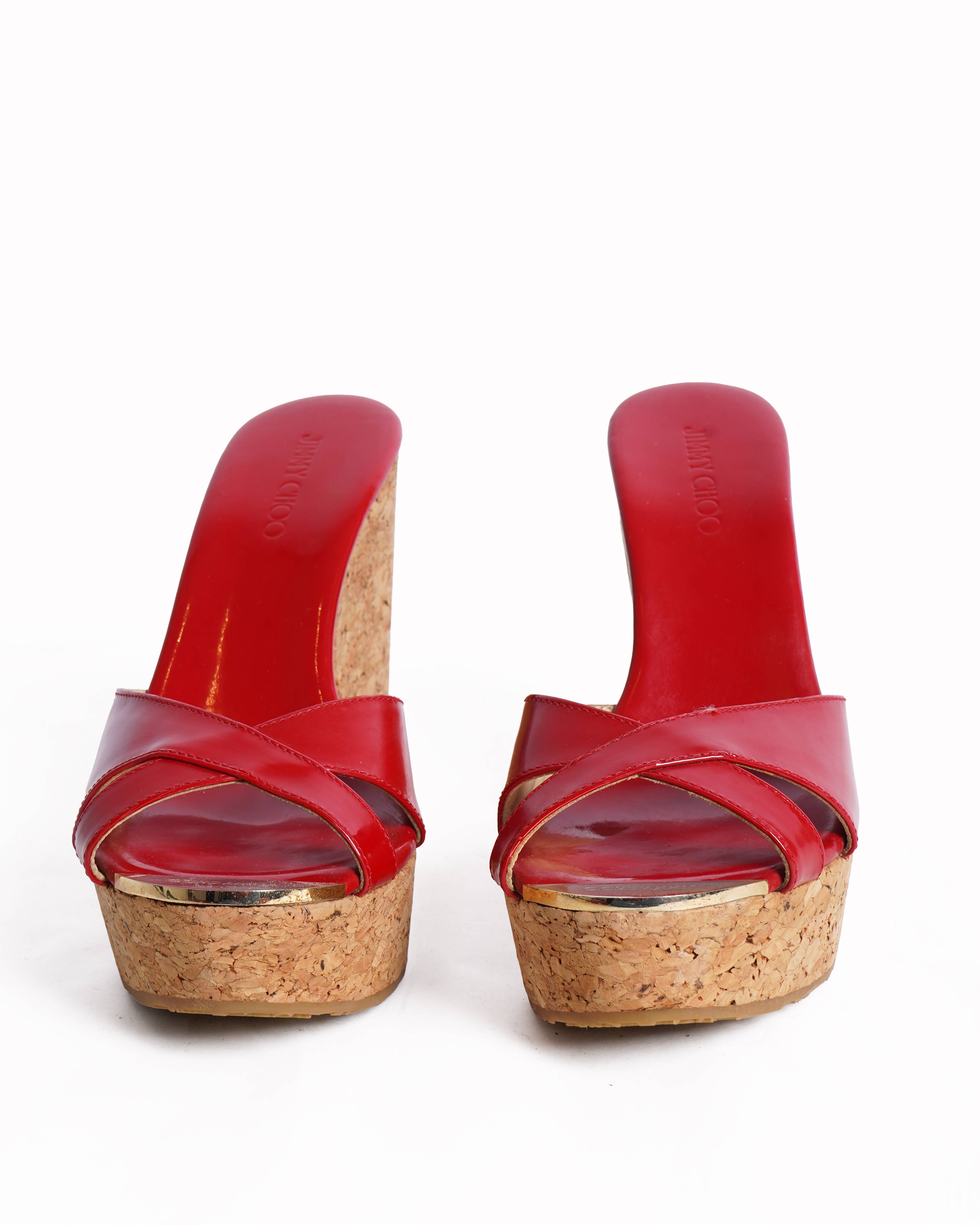 New Jimmy Choo Patent Leather Cork Wedges In Red