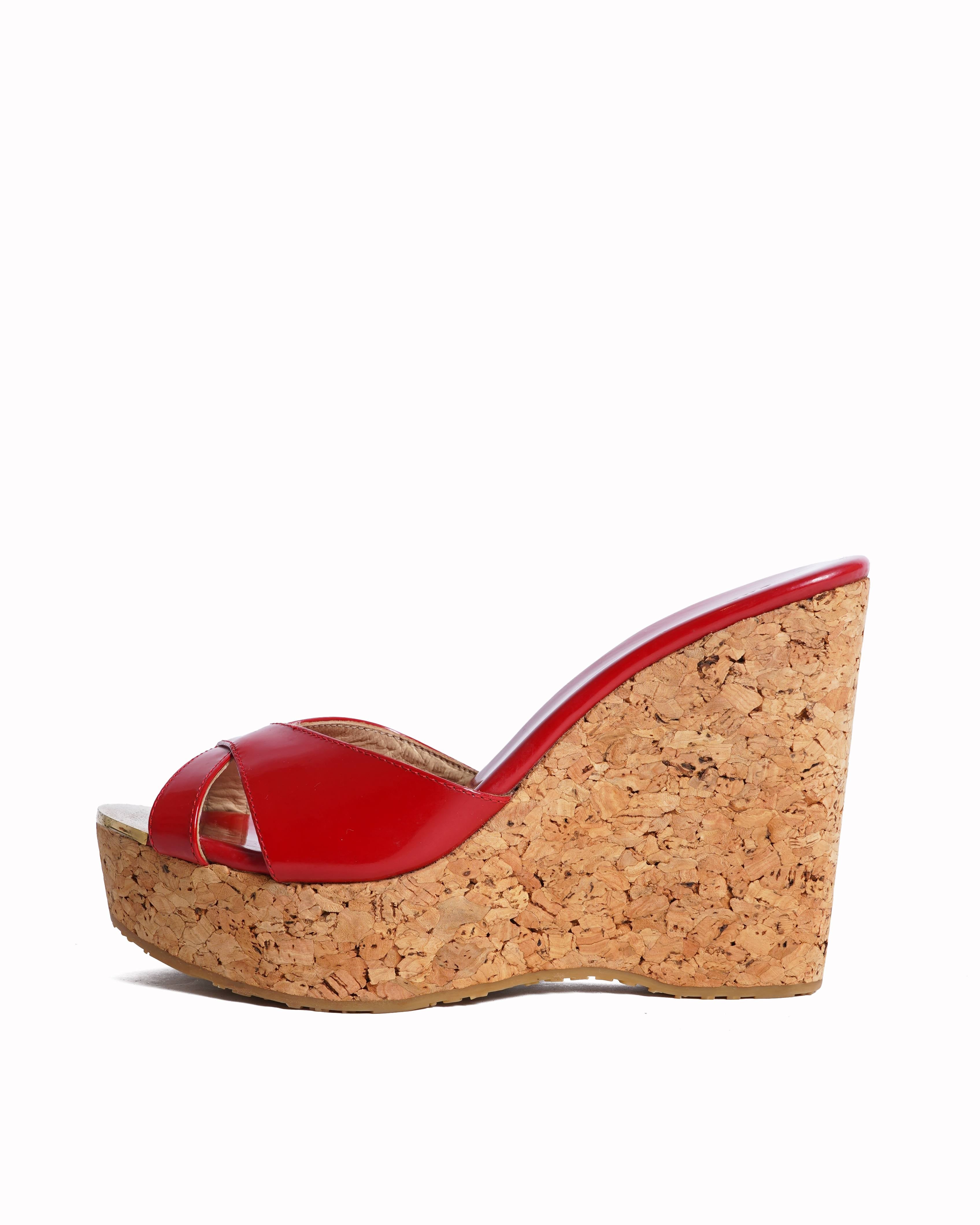 New Jimmy Choo Patent Leather Cork Wedges In Red