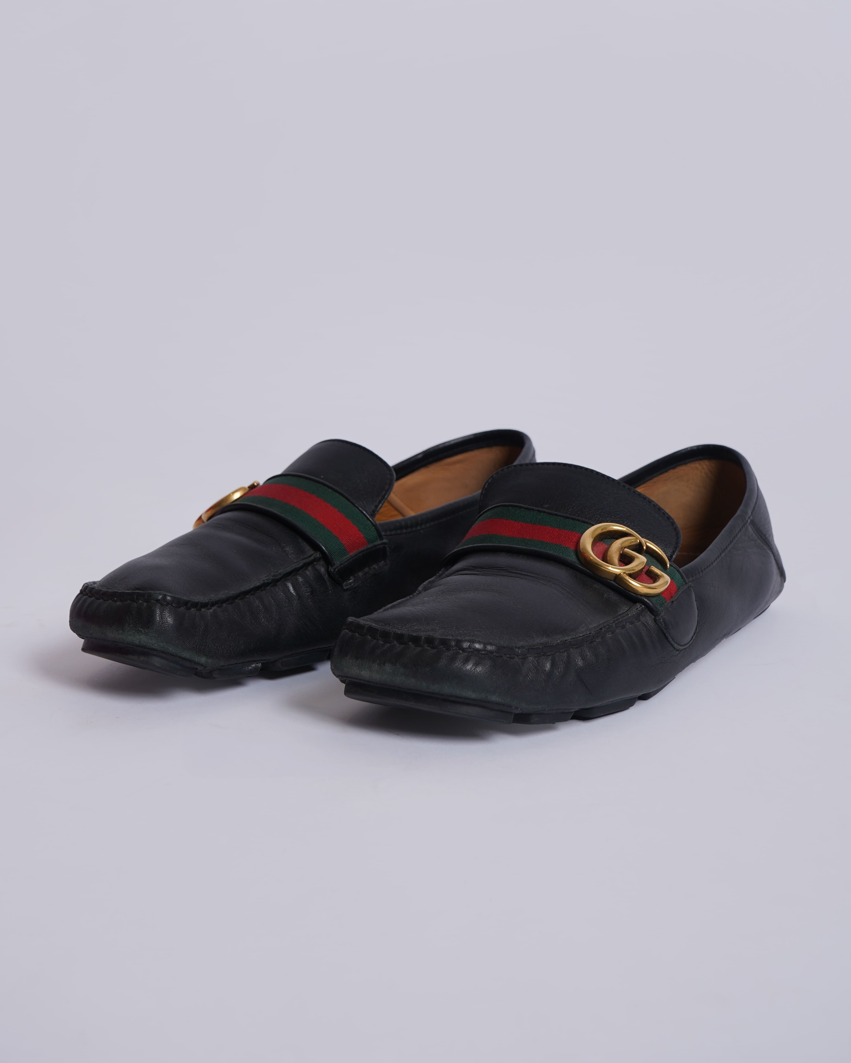 Gucci Men's Driving Loafers In Signature GG Logo With Stripes