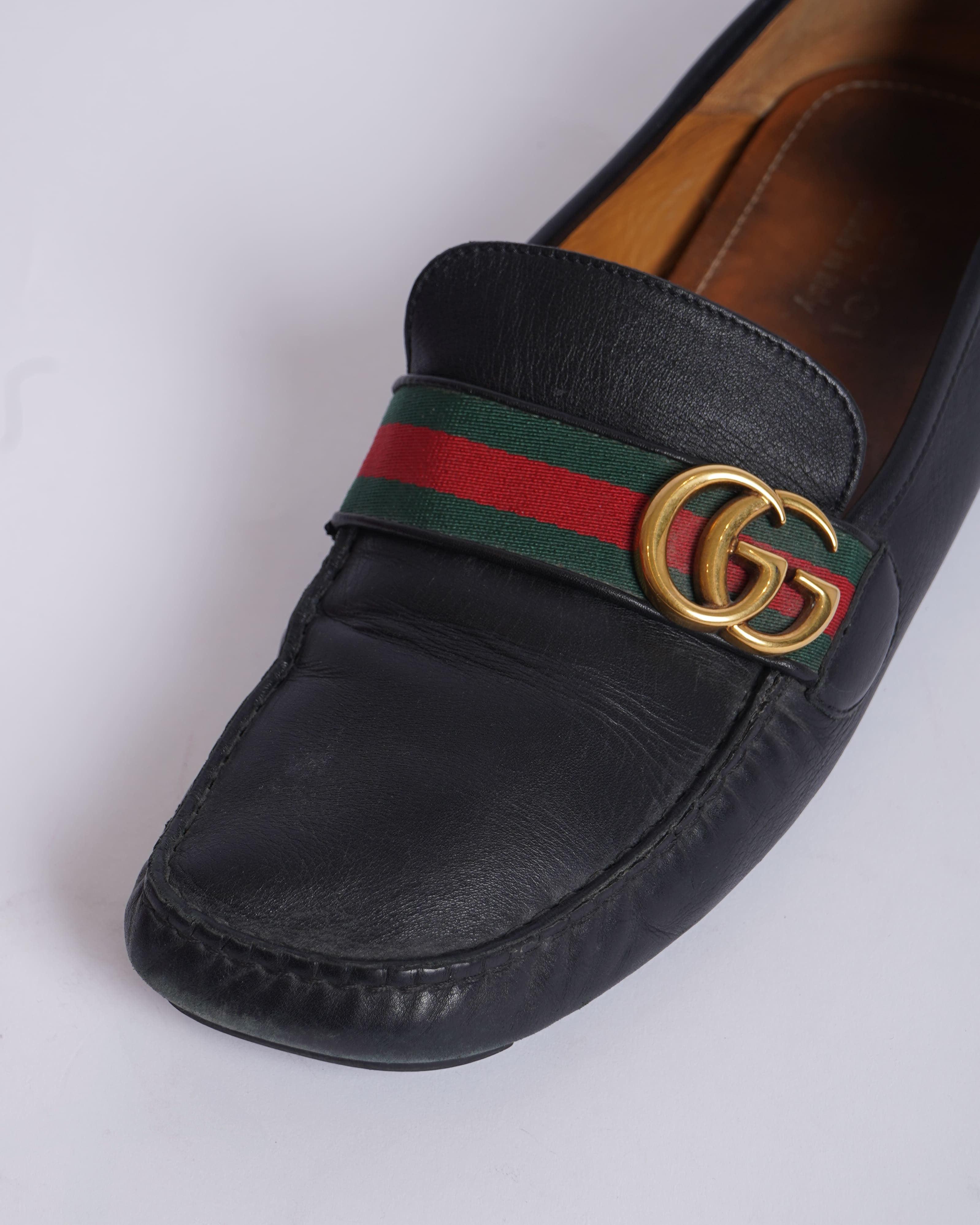 Gucci Men's Driving Loafers In Signature GG Logo With Stripes