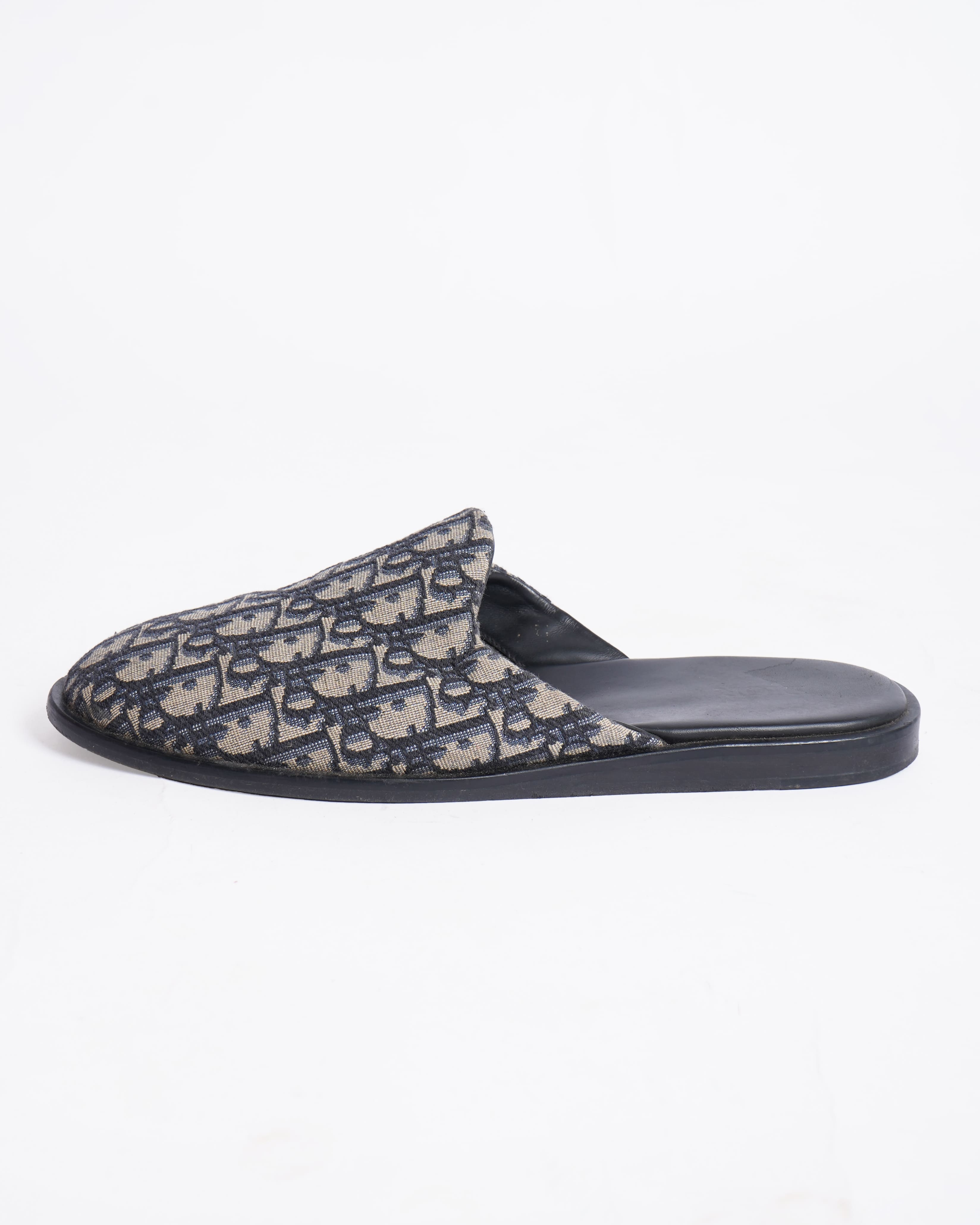 Christian Dior Blue/Beige Oblique Embroidered Canvas Mules