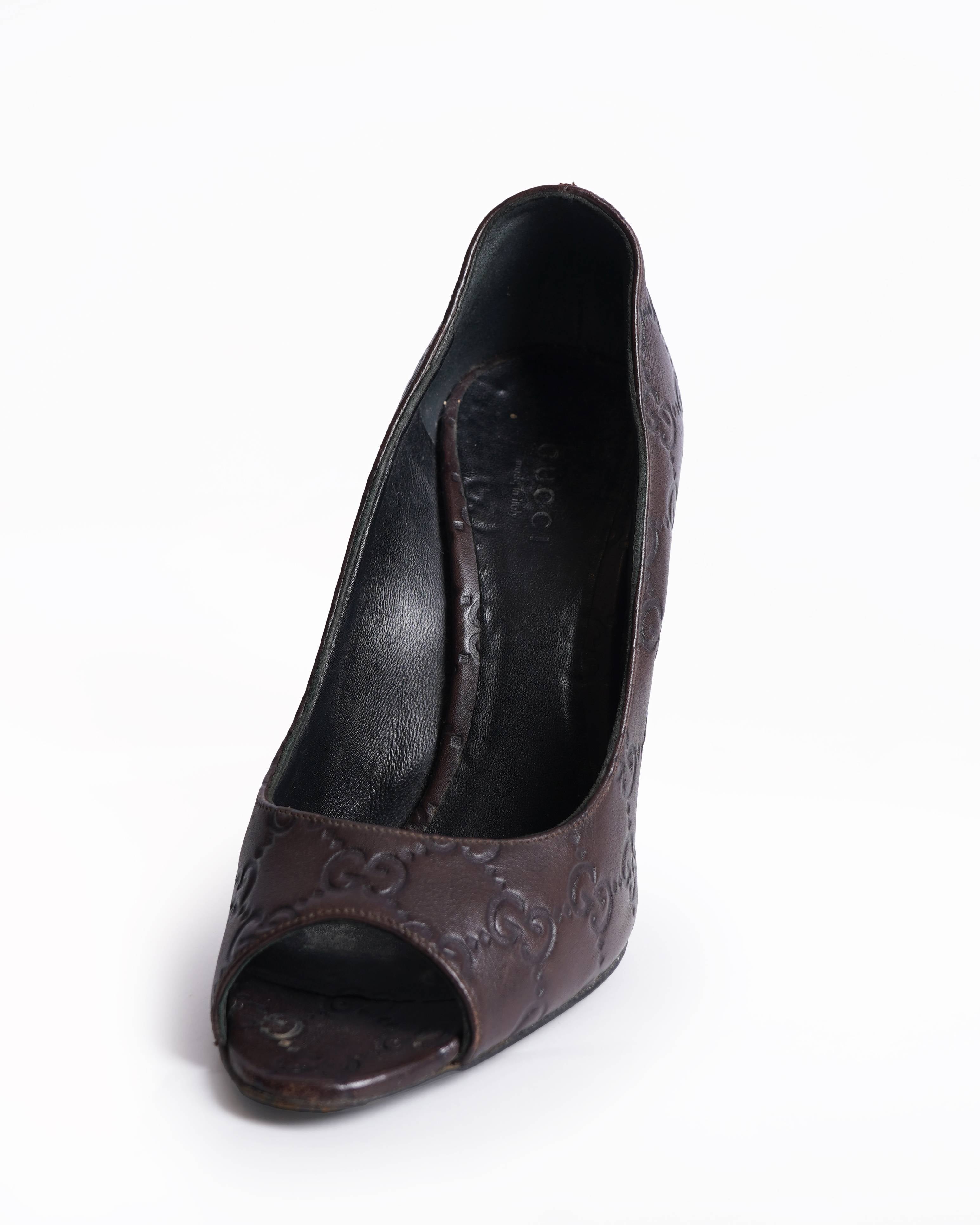 Gucci Dark Brown Guccissima Leather Peep Toe Pumps Size