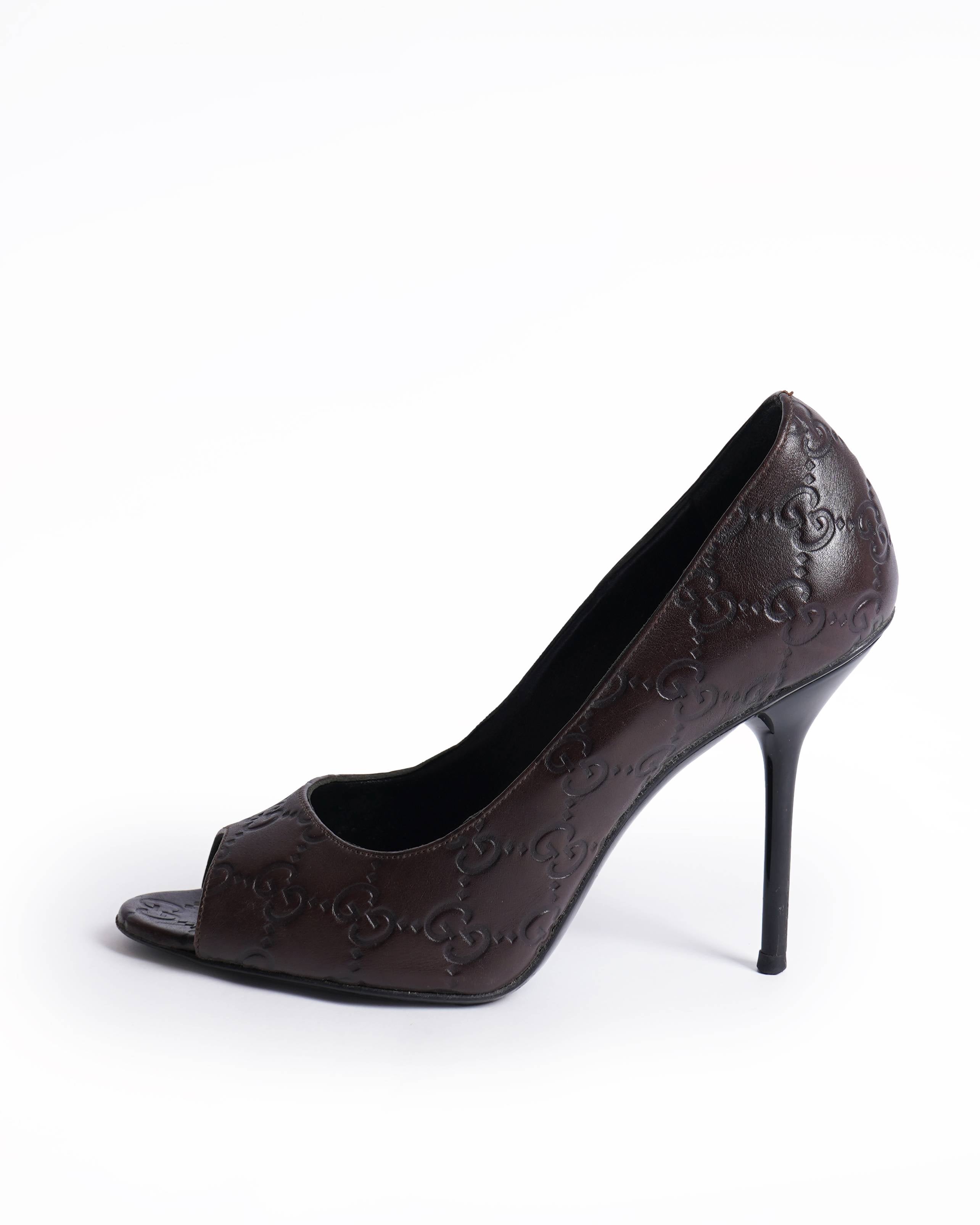 Gucci Dark Brown Guccissima Leather Peep Toe Pumps Size