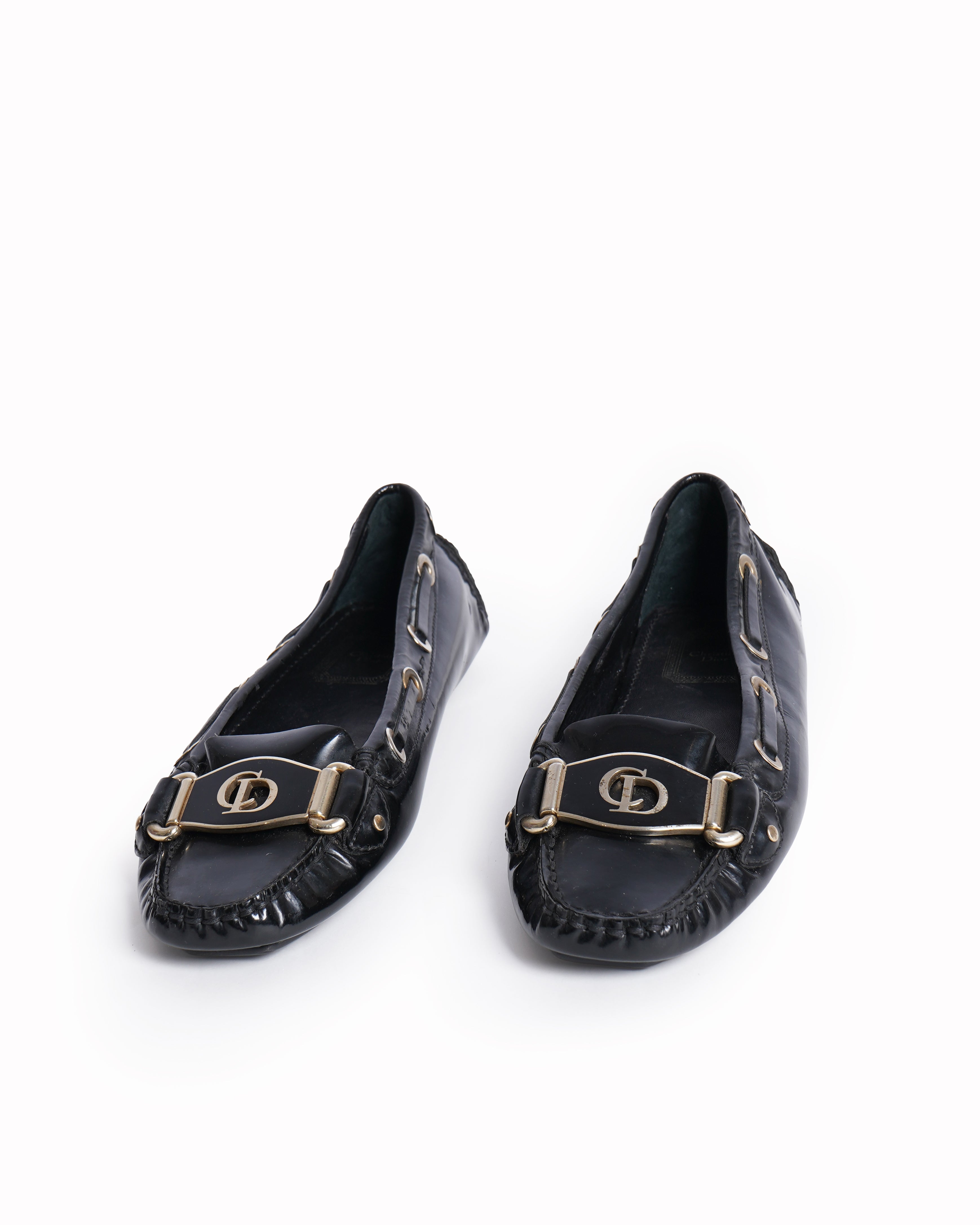 Christian Dior 
Black Patent Leather CD Loafers
