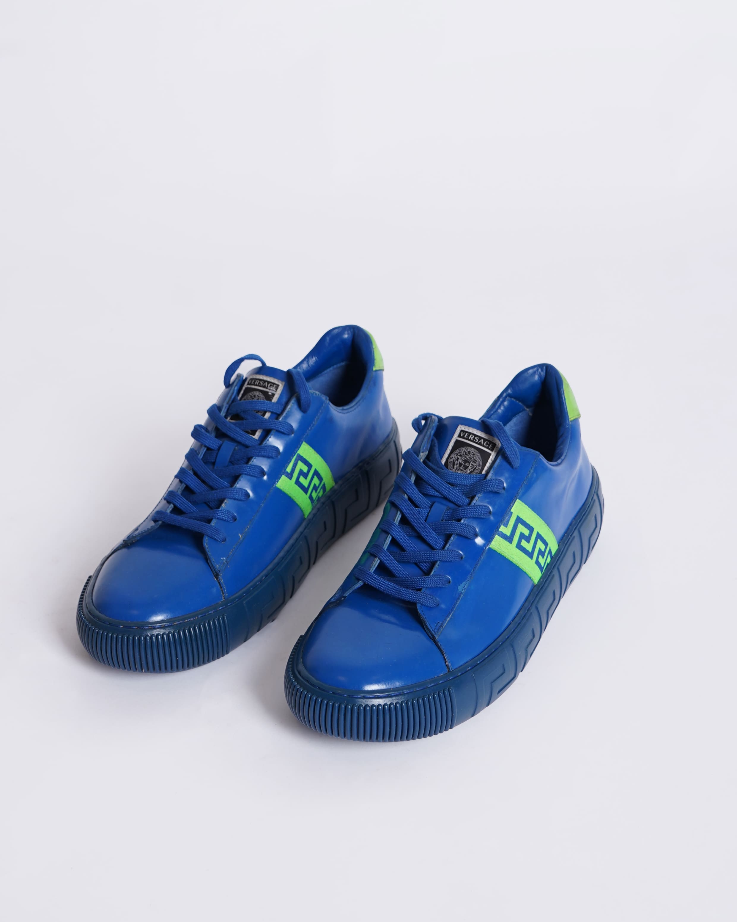 Versace Shoes in Blue Leather Sneakers With Neon Green Greca Pattern