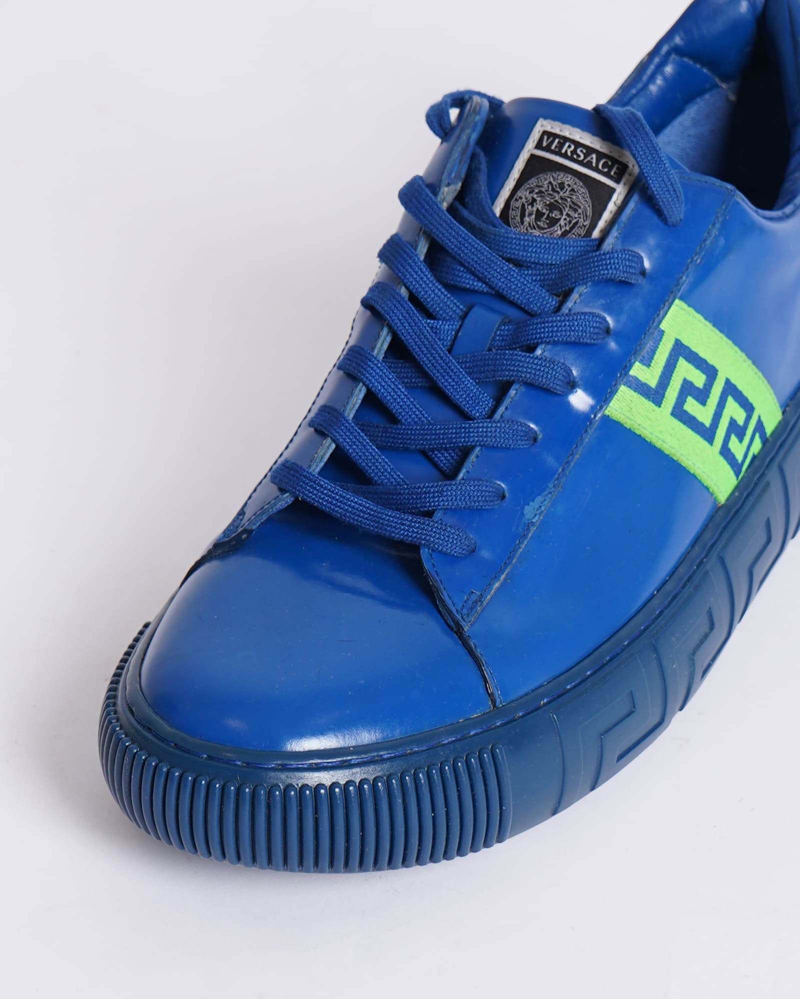 Versace Shoes in Blue Leather Sneakers With Neon Green Greca Pattern