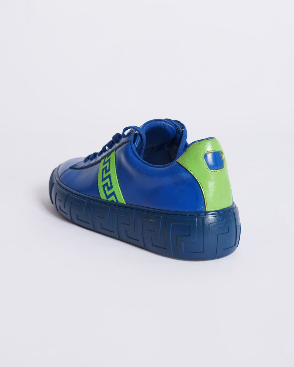 Versace Shoes in Blue Leather Sneakers With Neon Green Greca Pattern