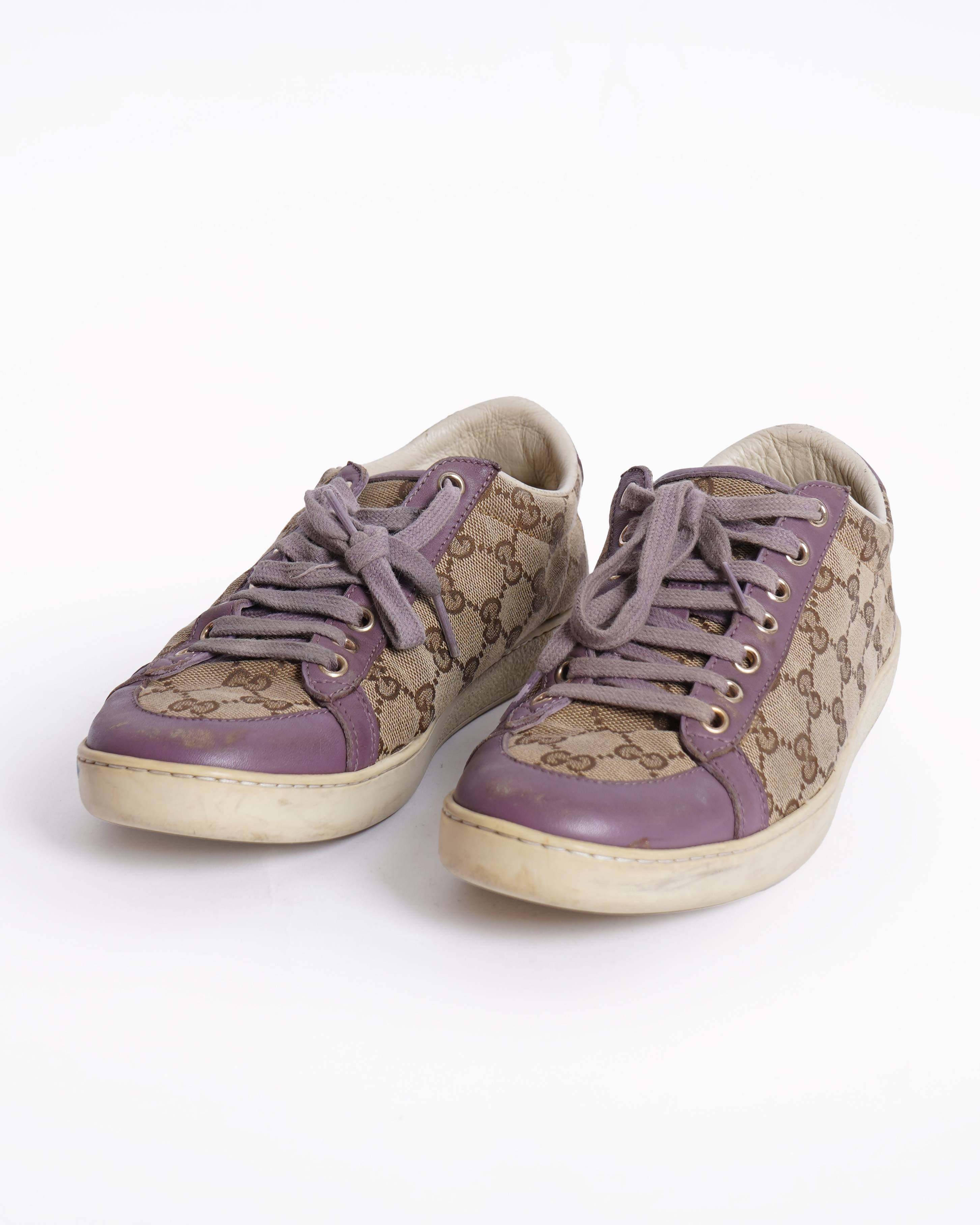 Gucci Purple/Beige Leather And Guccissima 
Canvas Low Top Sneakers