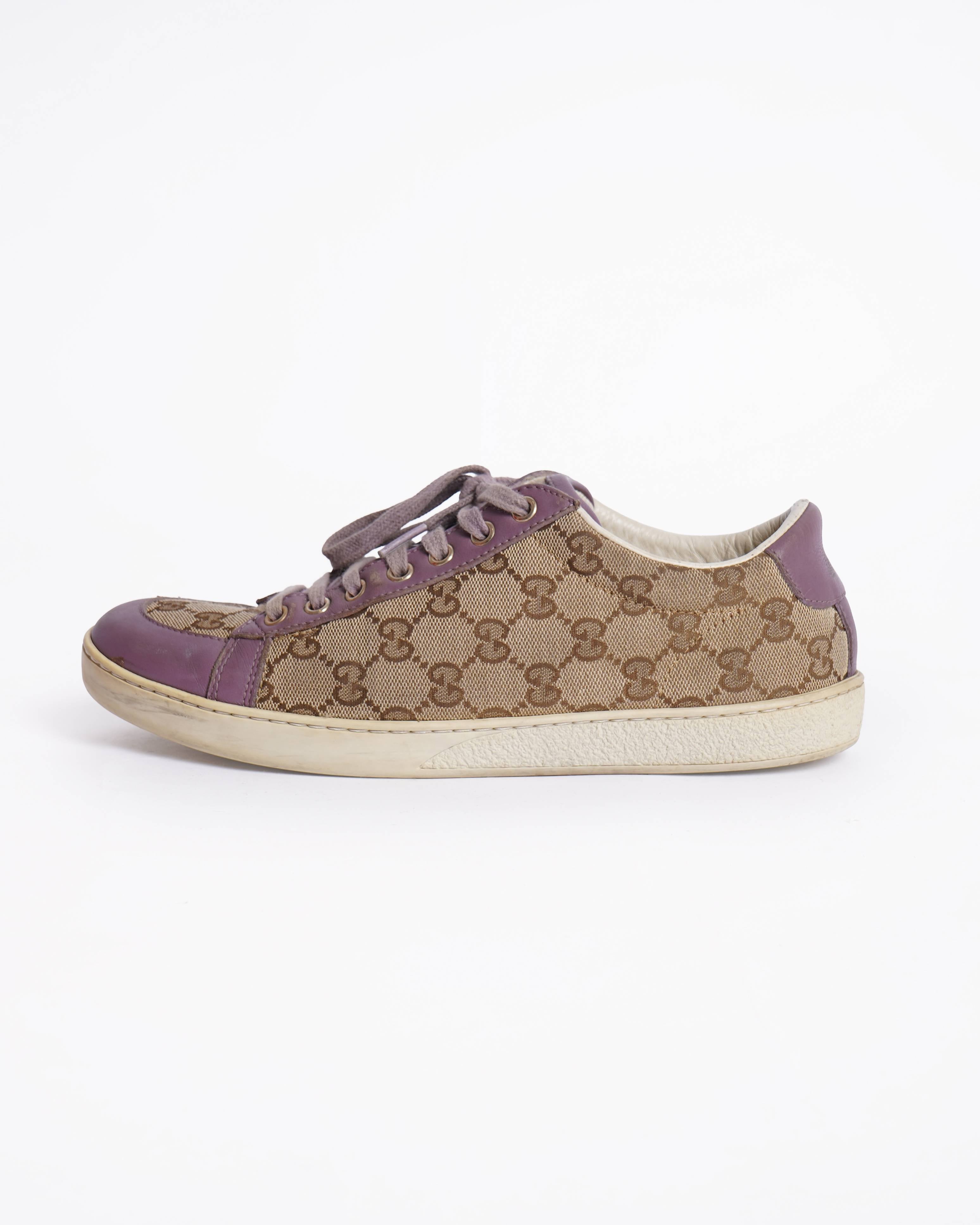 Gucci Purple/Beige Leather And Guccissima 
Canvas Low Top Sneakers