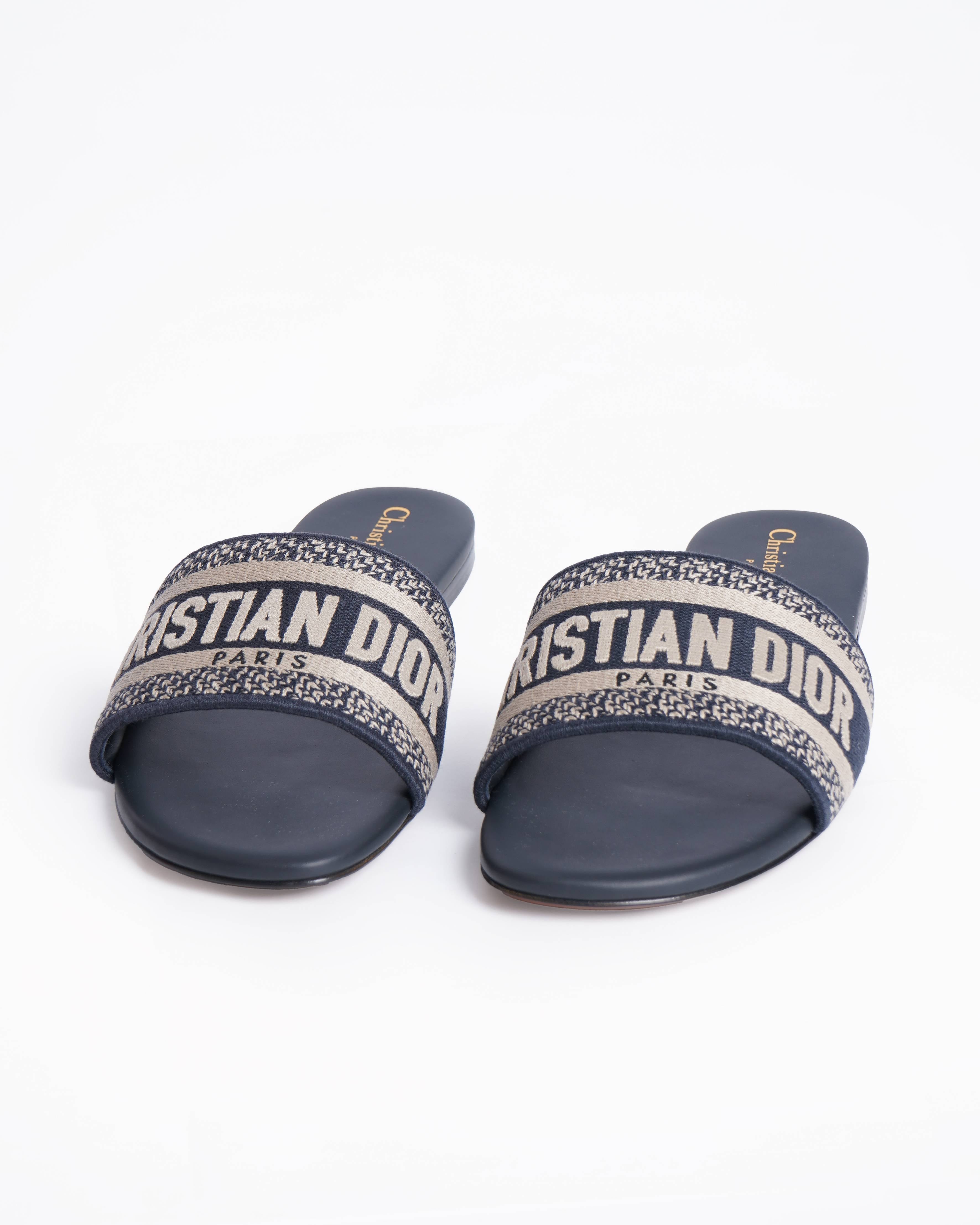 New Christian Dior Dway Deep Blue Embroidered Cotton Slides