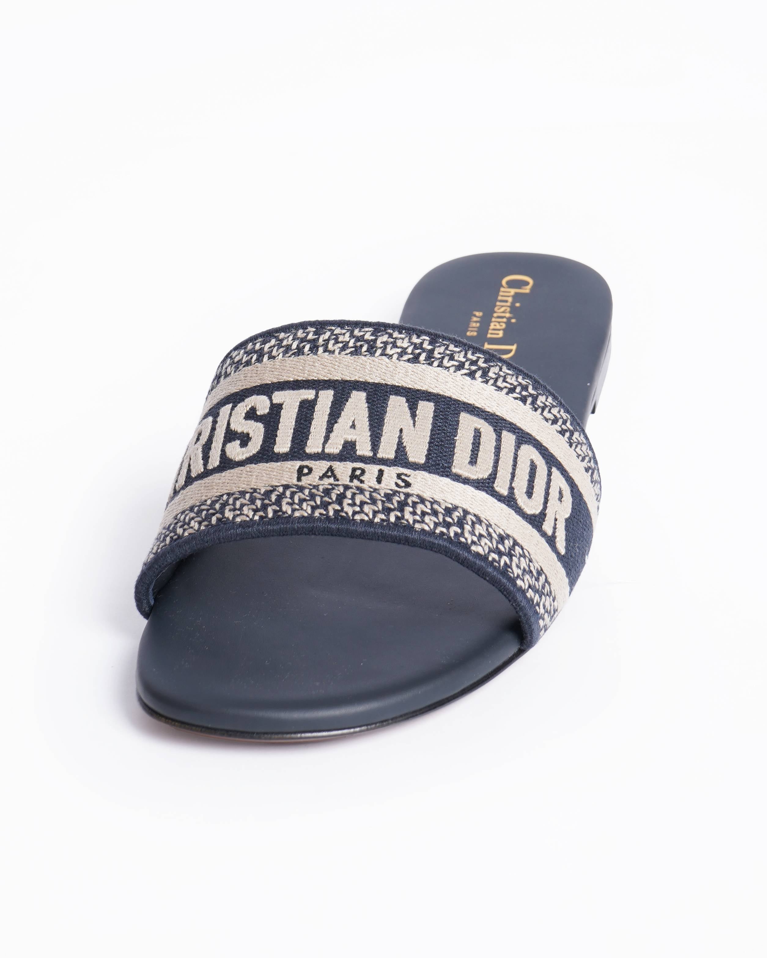 New Christian Dior Dway Deep Blue Embroidered Cotton Slides