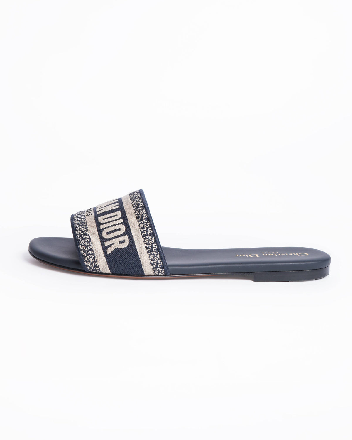 New Christian Dior Dway Deep Blue Embroidered Cotton Slides