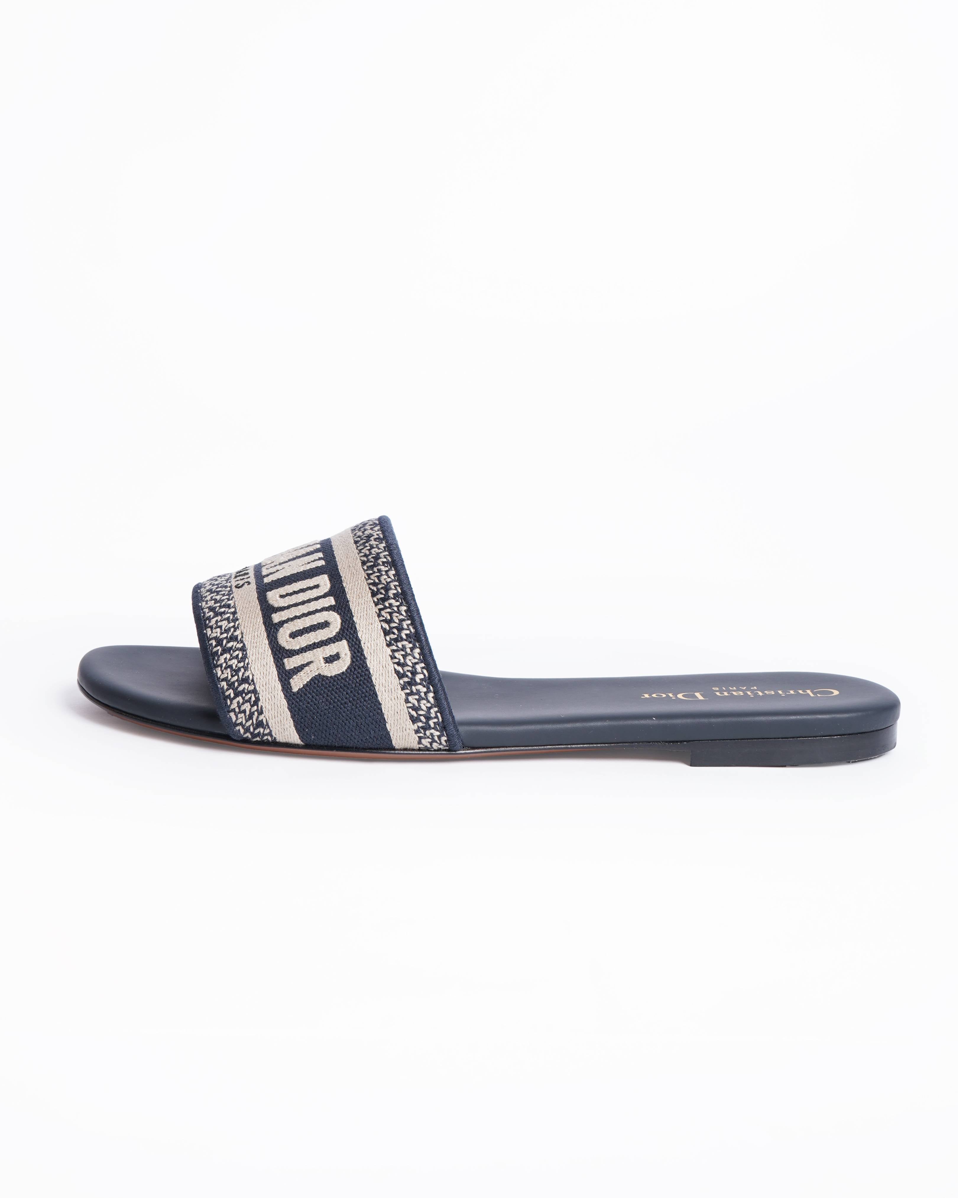 New Christian Dior Dway Deep Blue Embroidered Cotton Slides