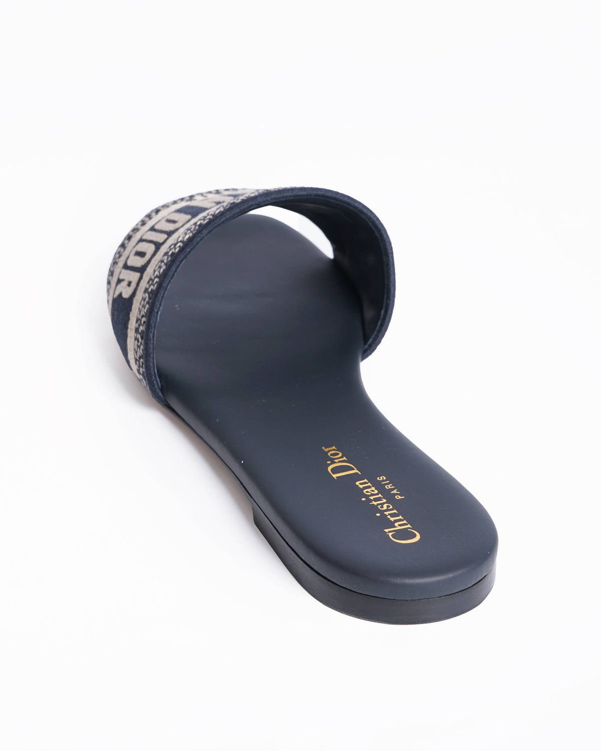New Christian Dior Dway Deep Blue Embroidered Cotton Slides