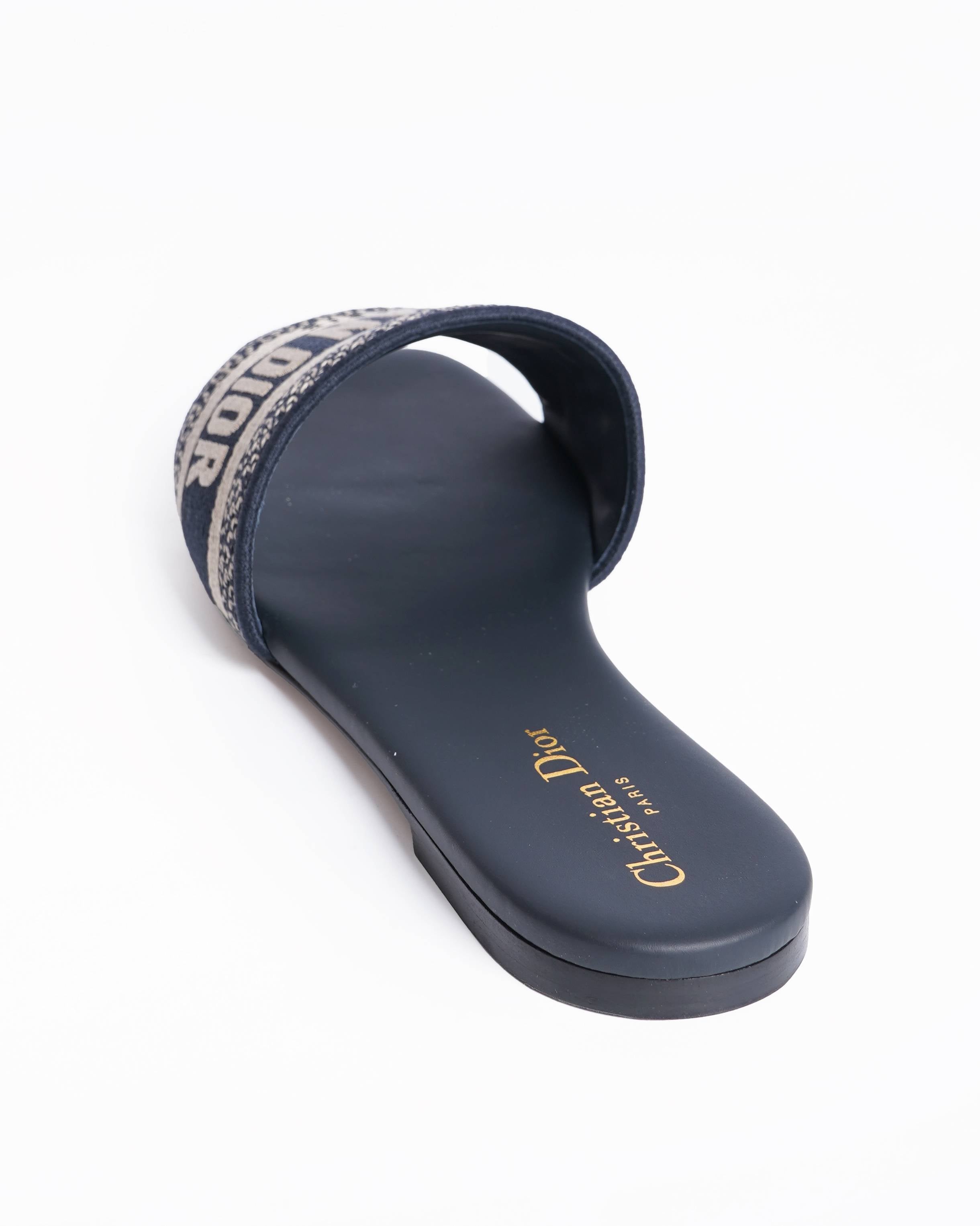 New Christian Dior Dway Deep Blue Embroidered Cotton Slides