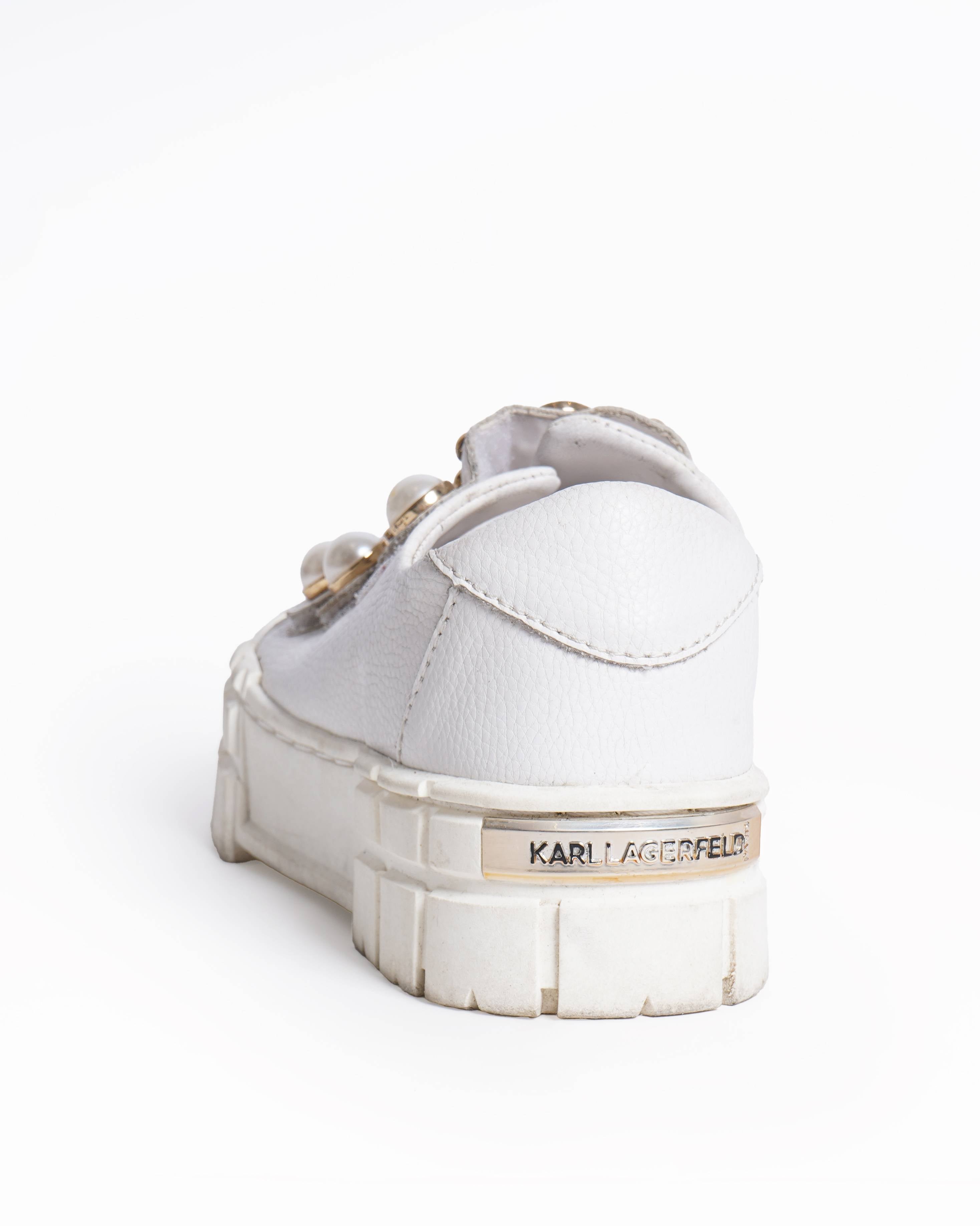Karl Lagerfeld 
White Leather Platform Cavan Sneakers With Pearl
