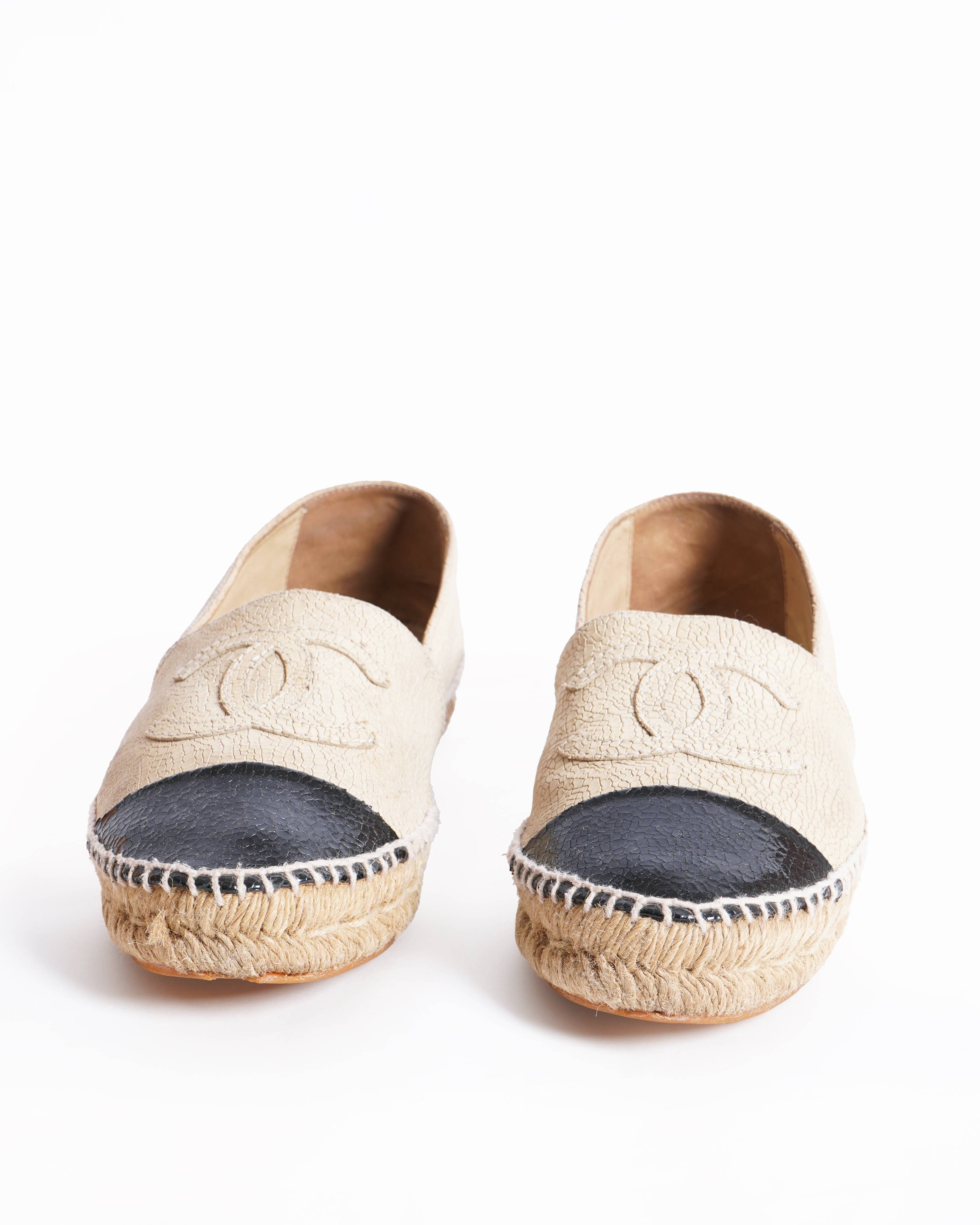 Chanel beige and black crackle leather espadrilles
