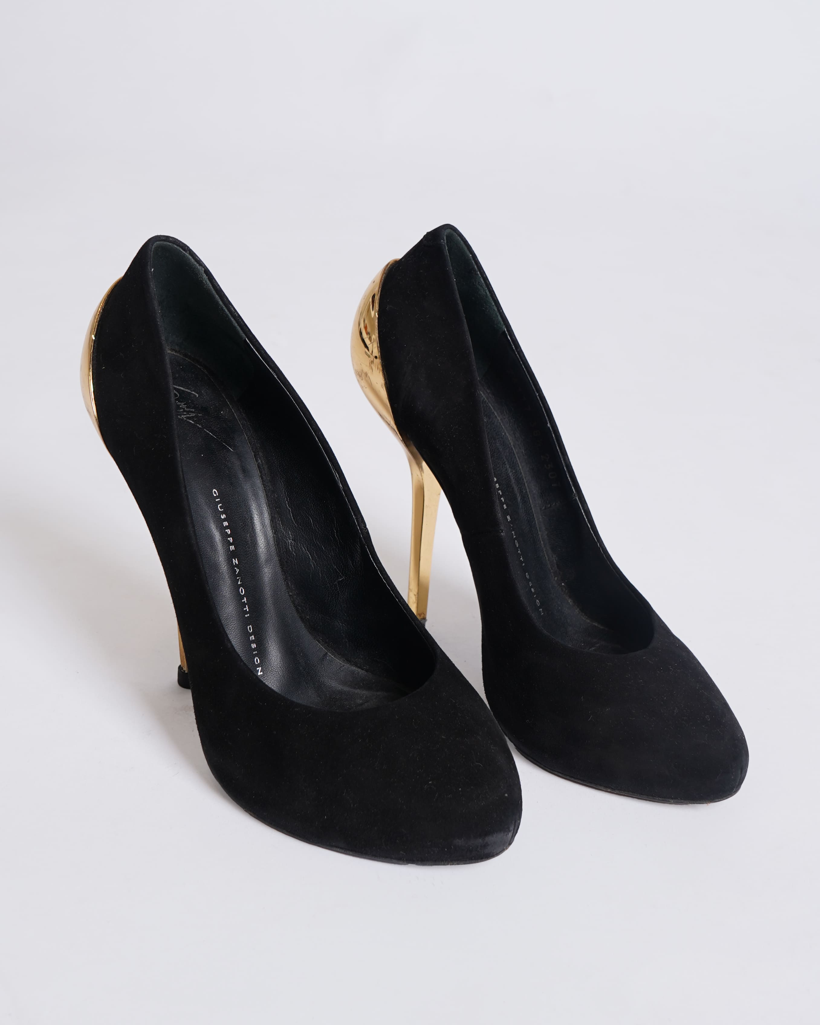 Giuseppe Zanotti Black Suede Heels With Gold Tone Metallic Detailing At The Back