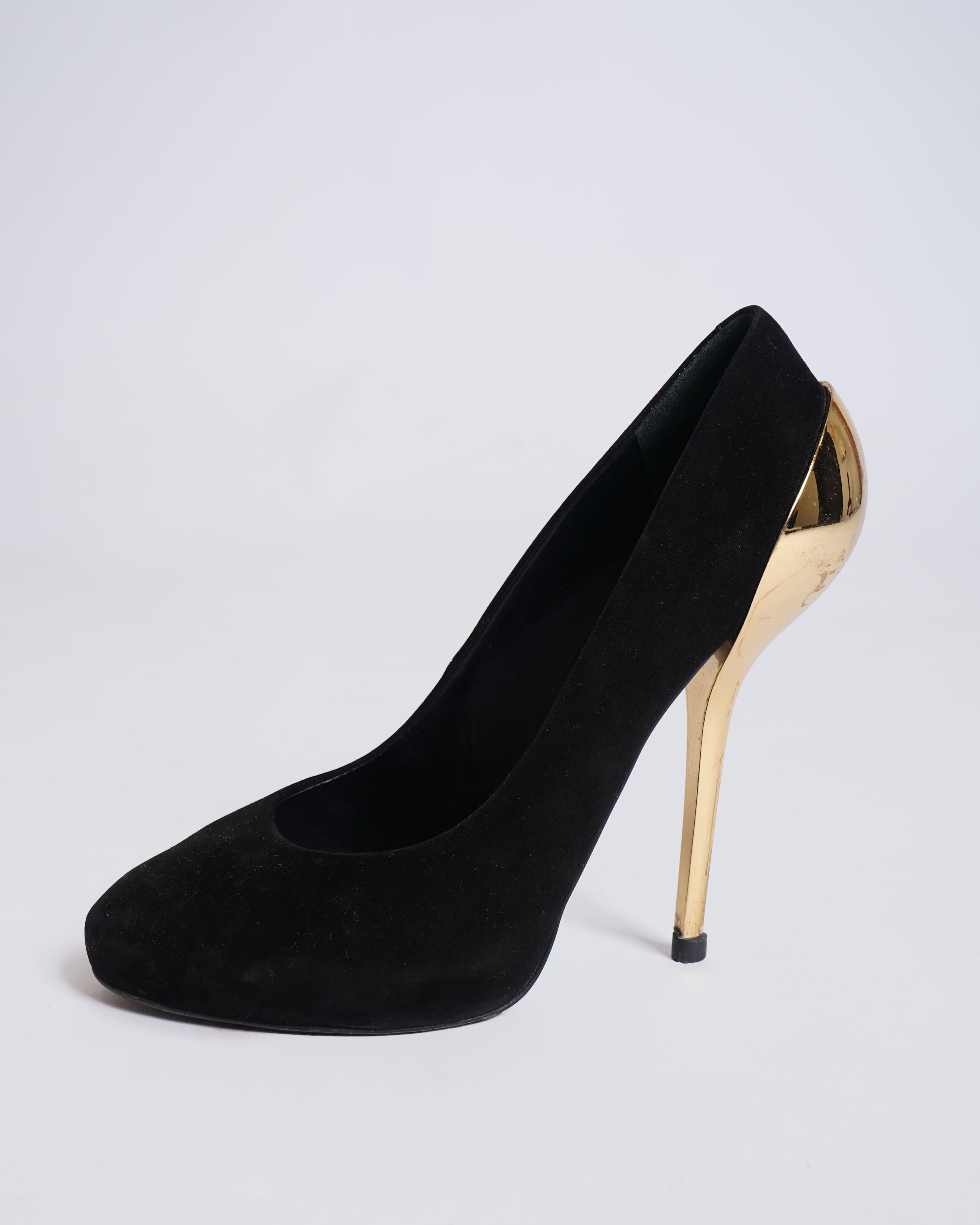 Giuseppe Zanotti Black Suede Heels With Gold Tone Metallic Detailing At The Back