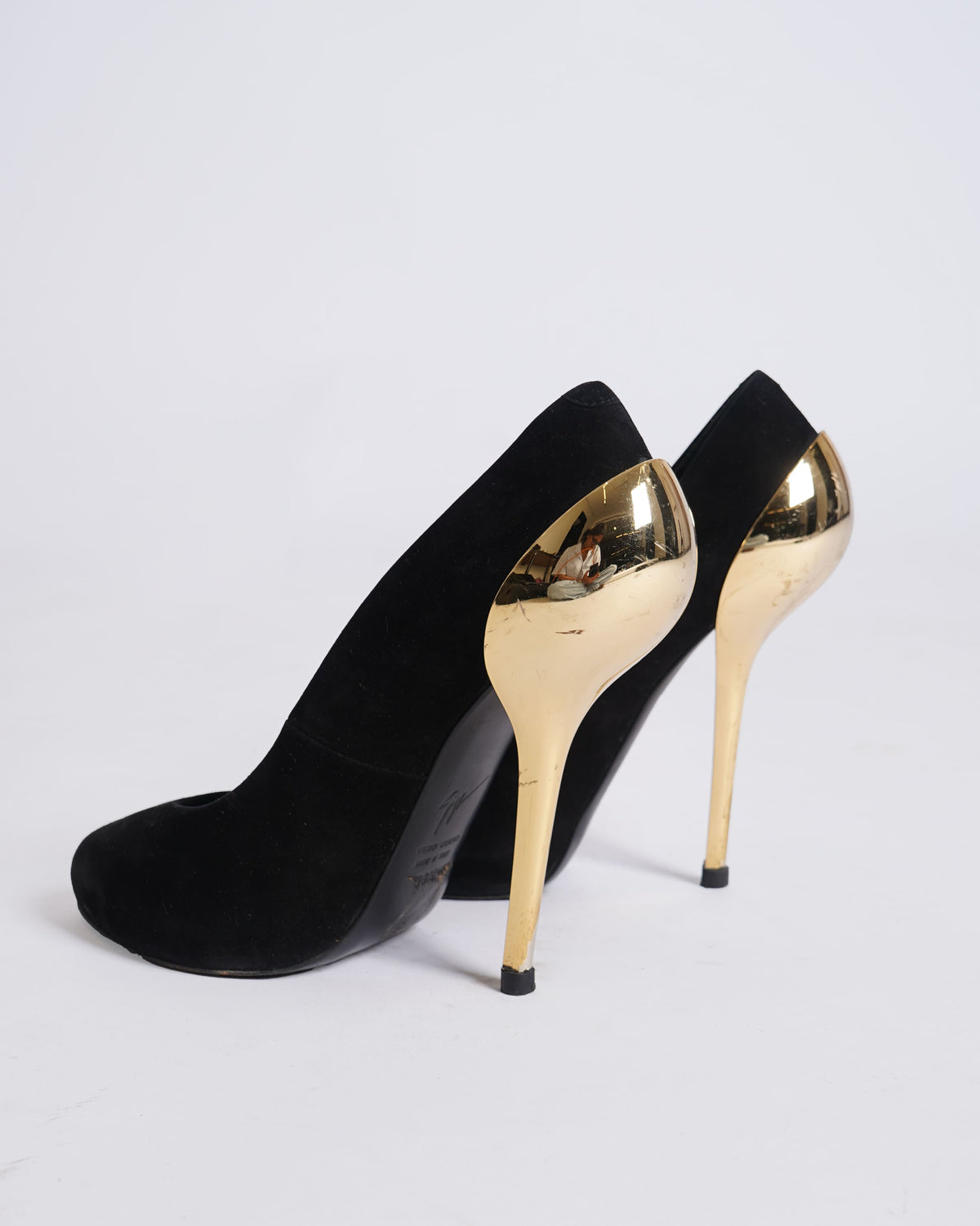 Giuseppe Zanotti Black Suede Heels With Gold Tone Metallic Detailing At The Back
