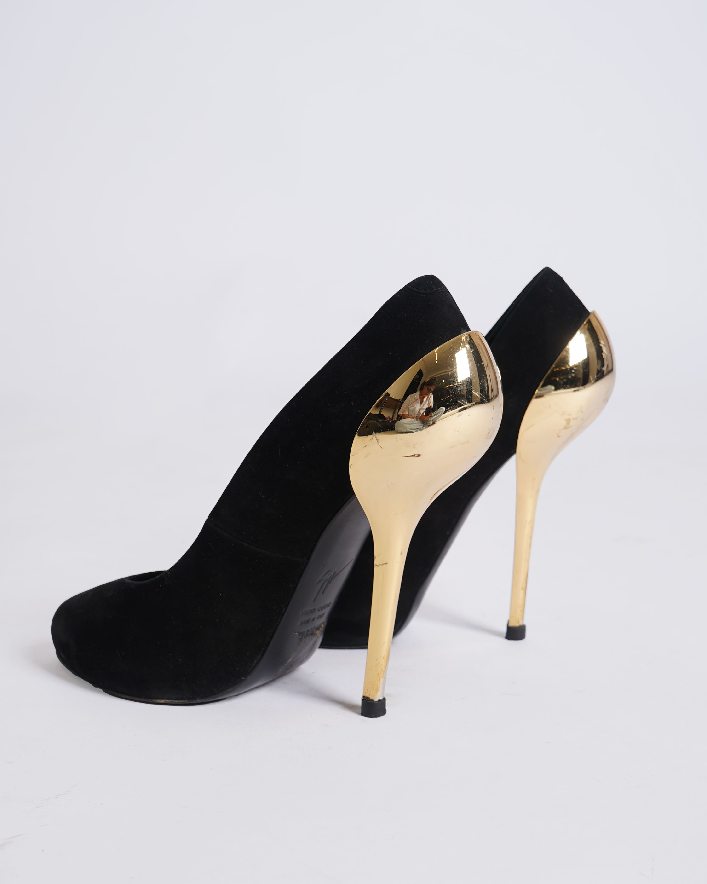 Giuseppe Zanotti Black Suede Heels With Gold Tone Metallic Detailing At The Back