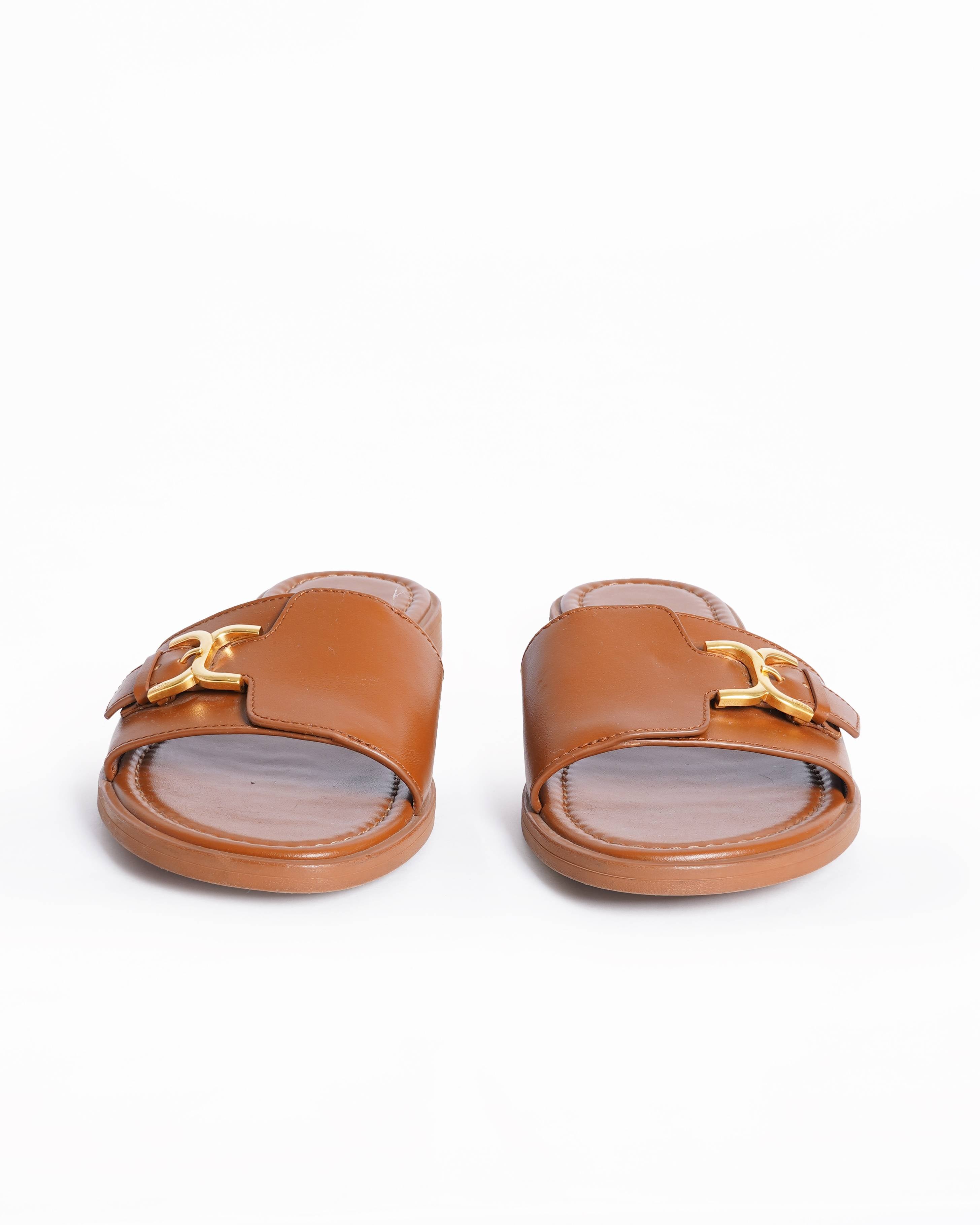 Chloé macie buckeled brown leather slide sandals