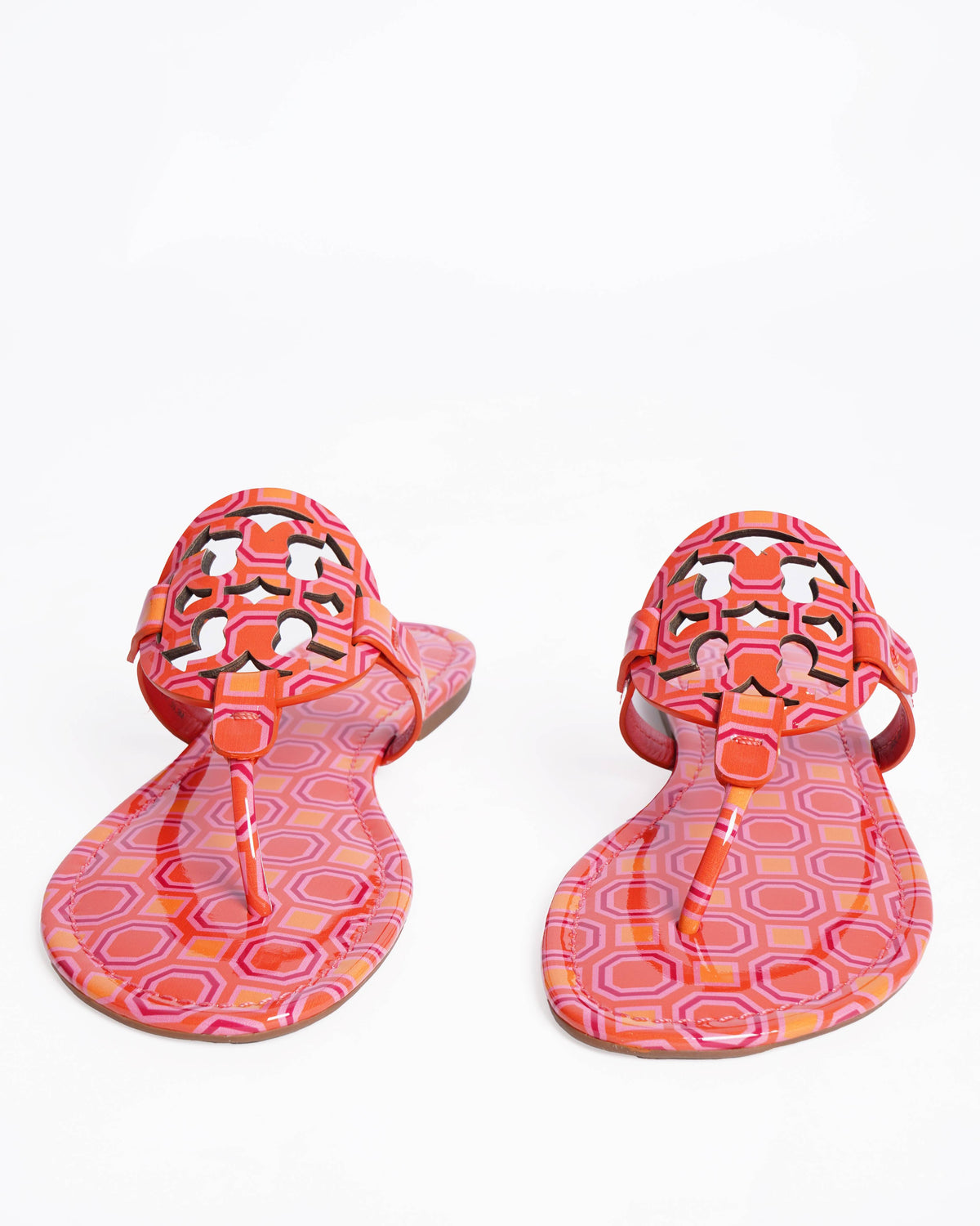 New Tory Burch Miller Sandals Orange Coral Pink Geometric Patent Leather
