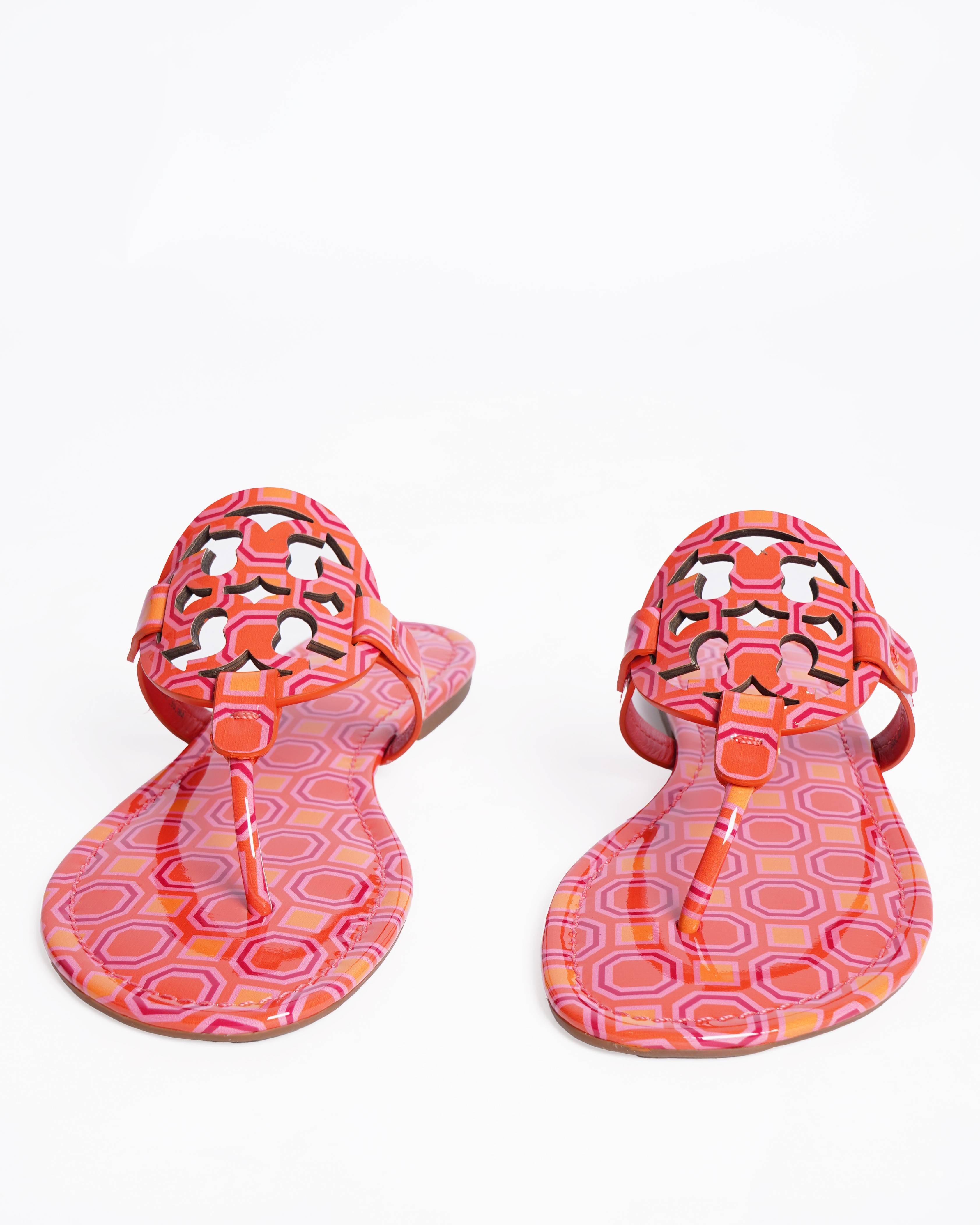 New Tory Burch Miller Sandals Orange Coral Pink Geometric Patent Leather