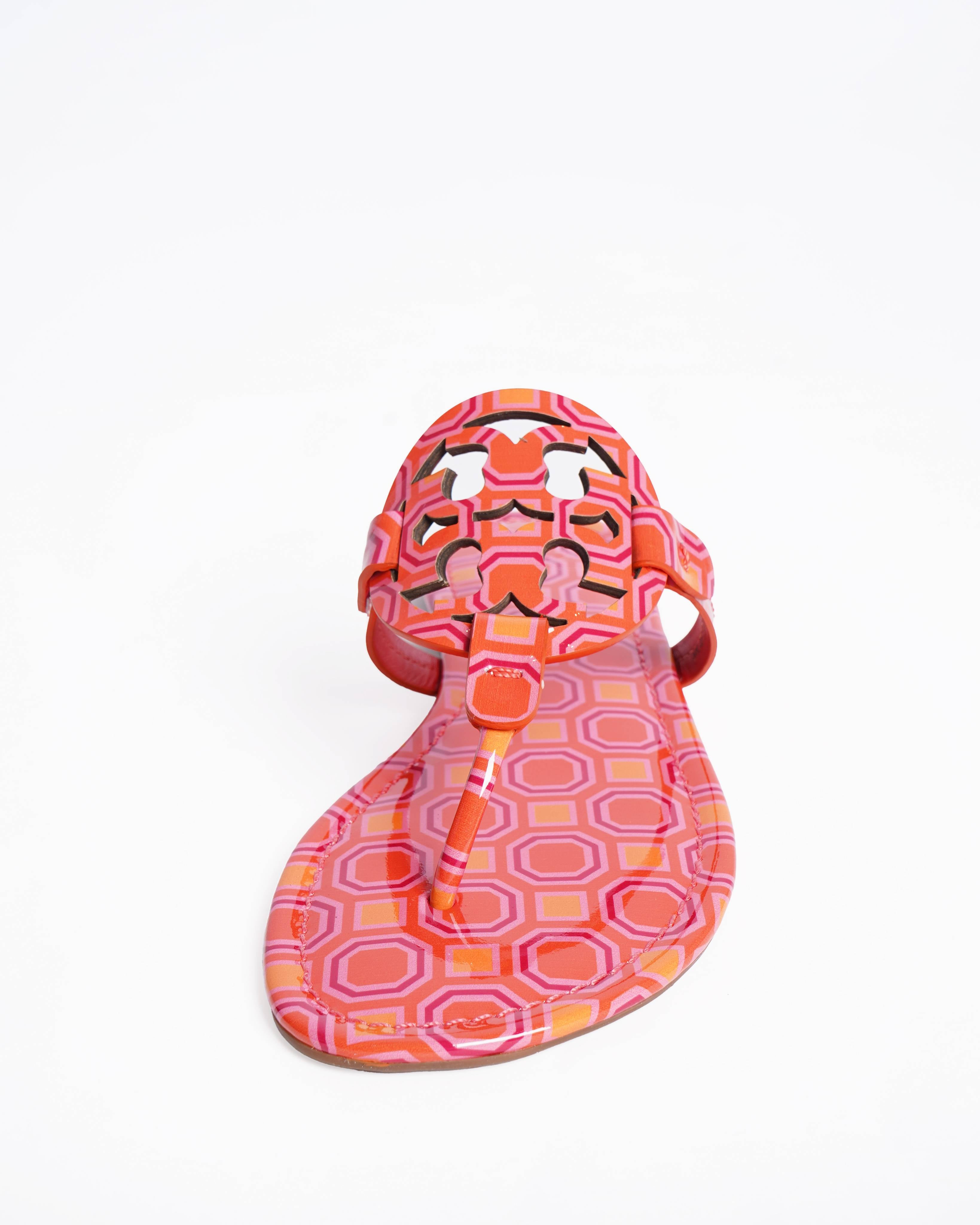 New Tory Burch Miller Sandals Orange Coral Pink Geometric Patent Leather