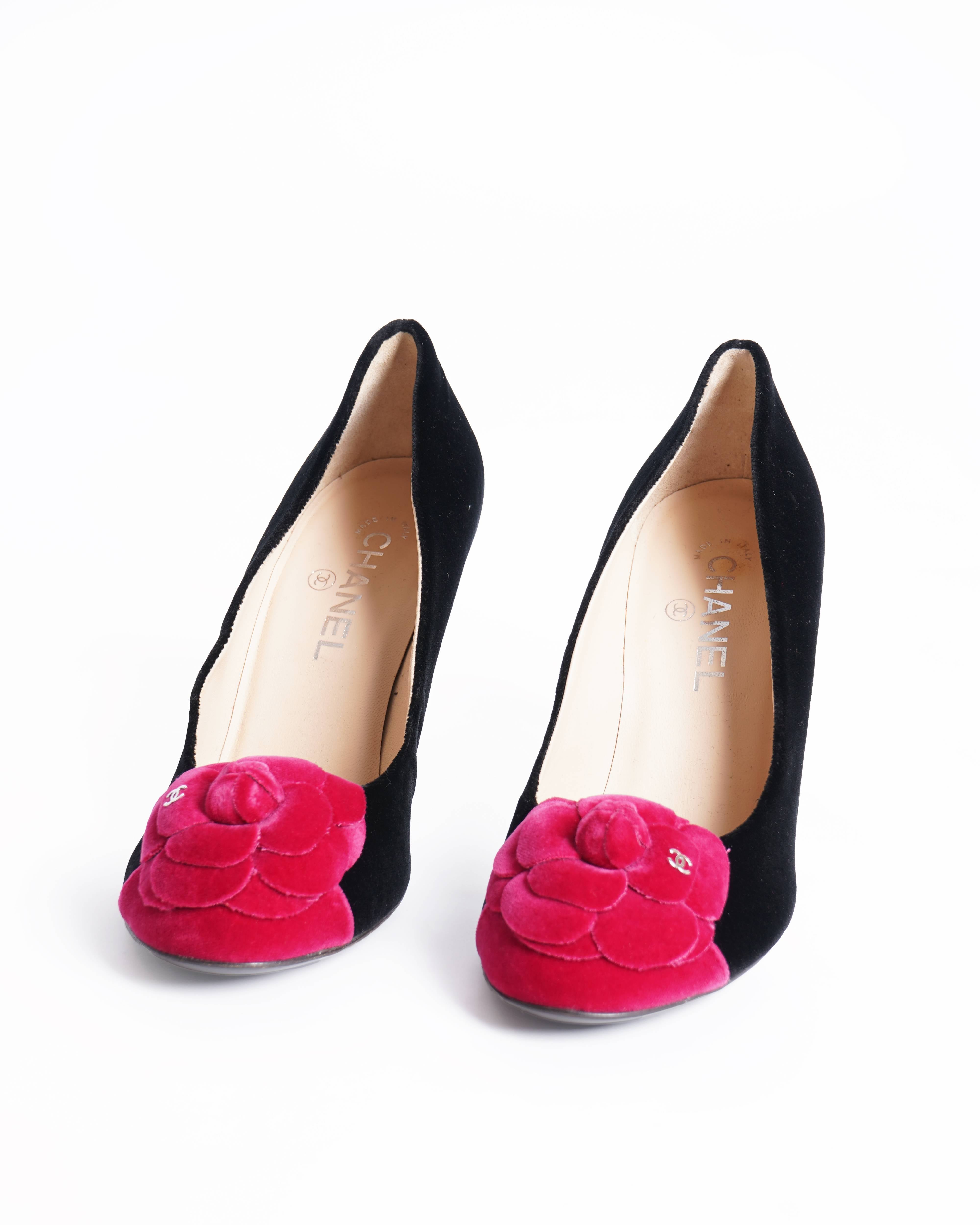 Chanel Velvet Camella Heels With Signature Rose Detailing