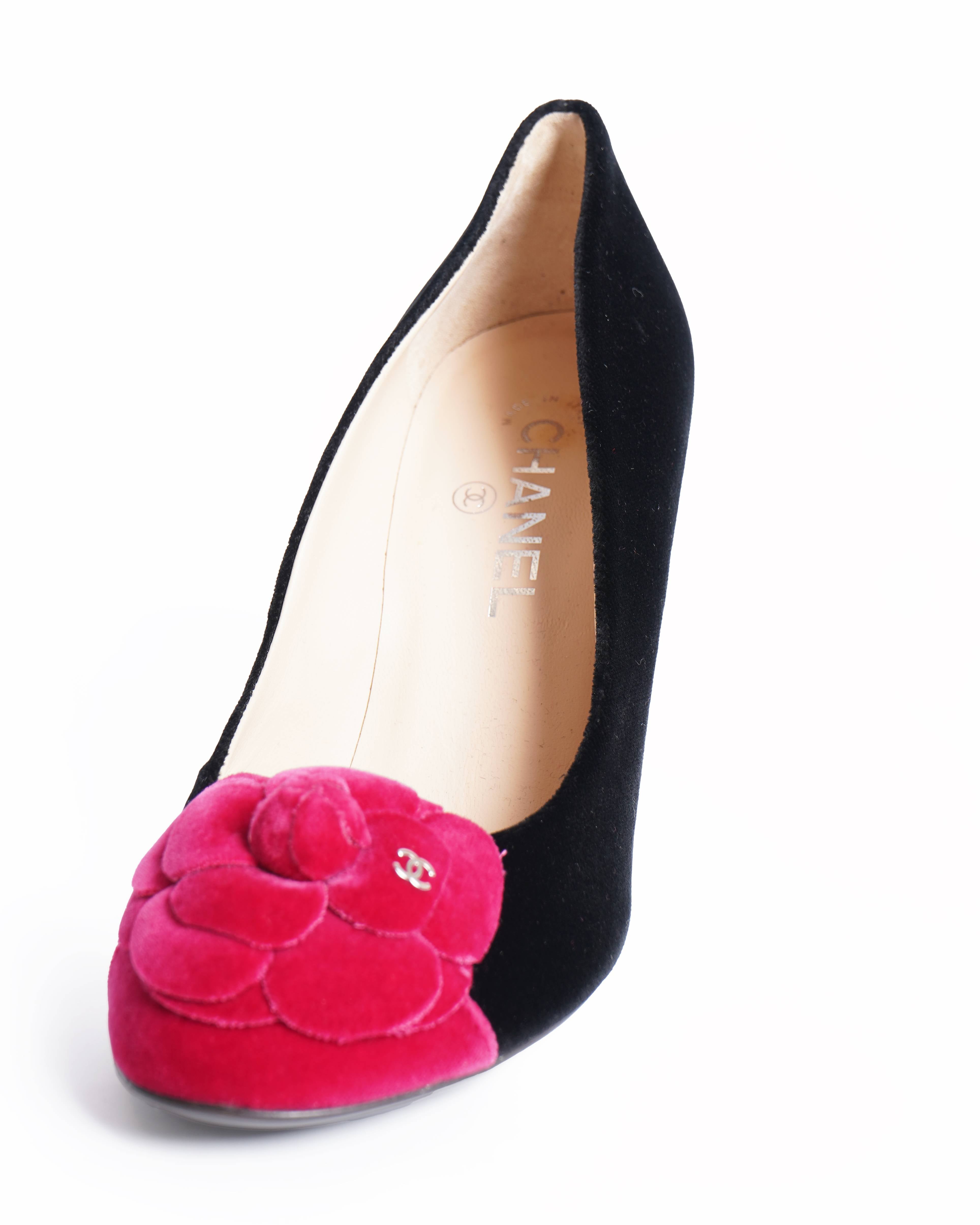 Chanel Velvet Camella Heels With Signature Rose Detailing
