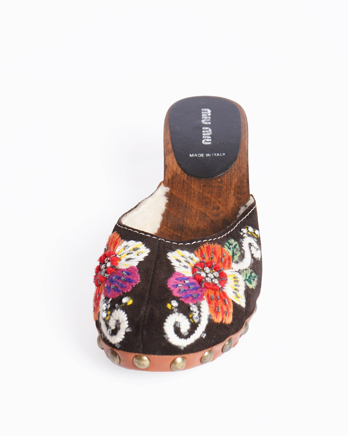 Miu miu embroidered wooden kitten heel clogs Sandals
