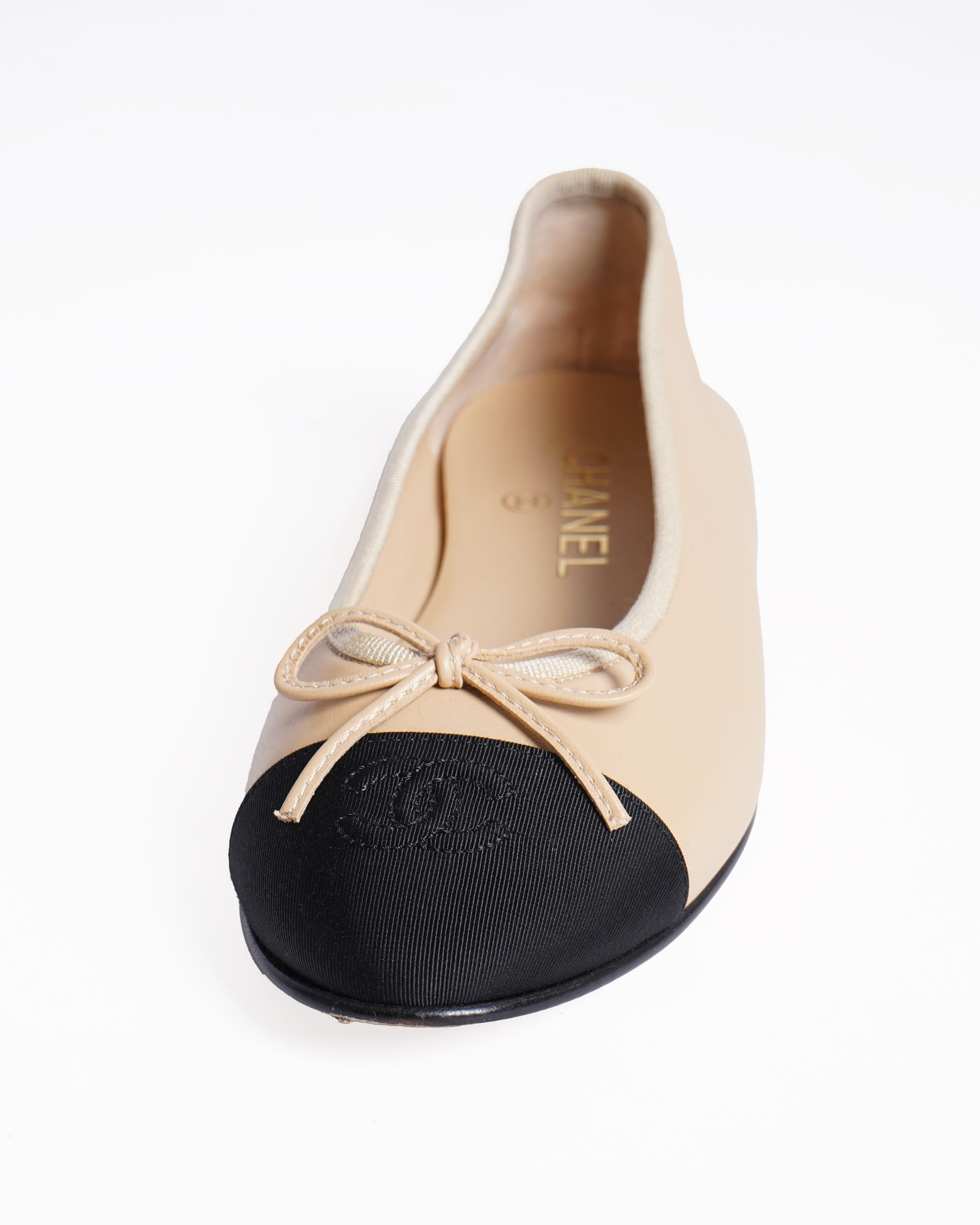 Chanel Beige & Black Cap-Toe Ballerinas