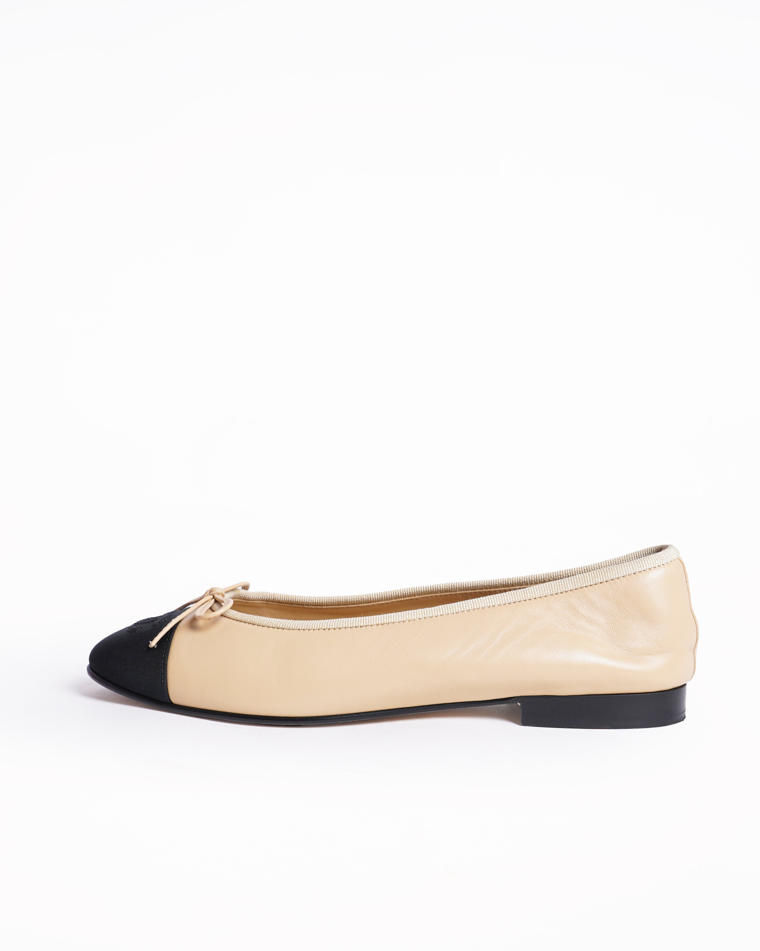Chanel Beige & Black Cap-Toe Ballerinas