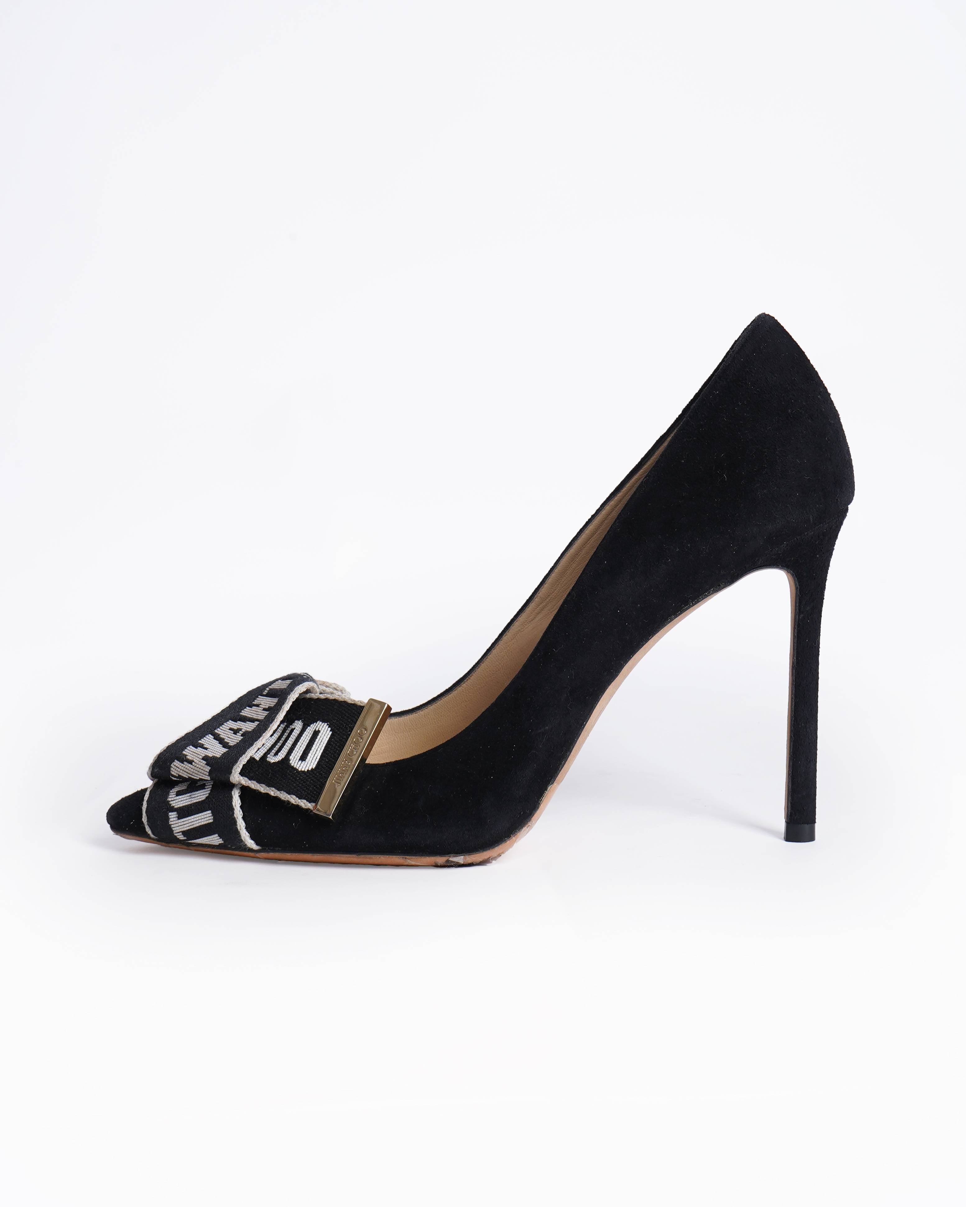 Jimmy choo tegan logo tape bow suede heels