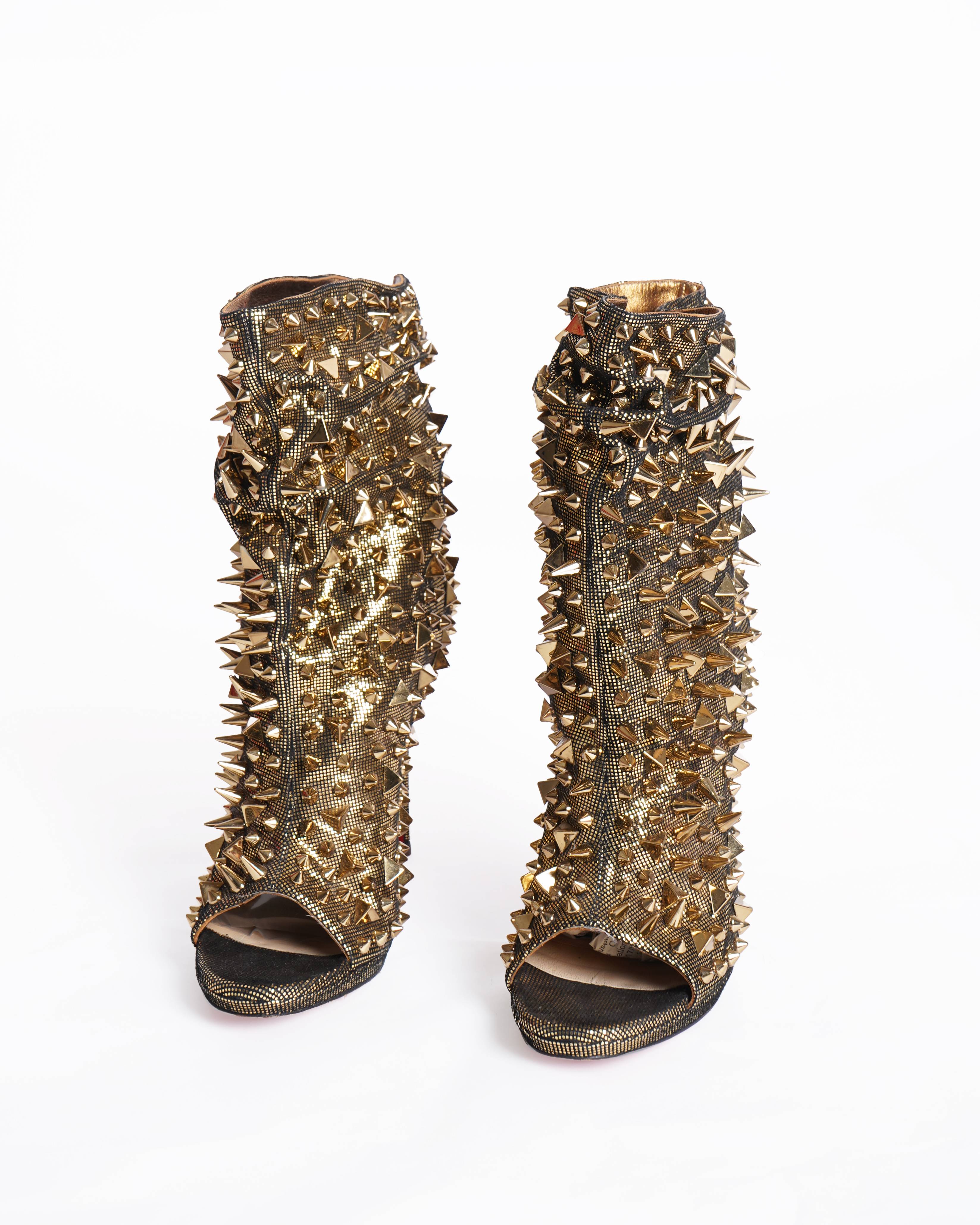 Christian Louboutin gold metallic spiked peep toe boot heels