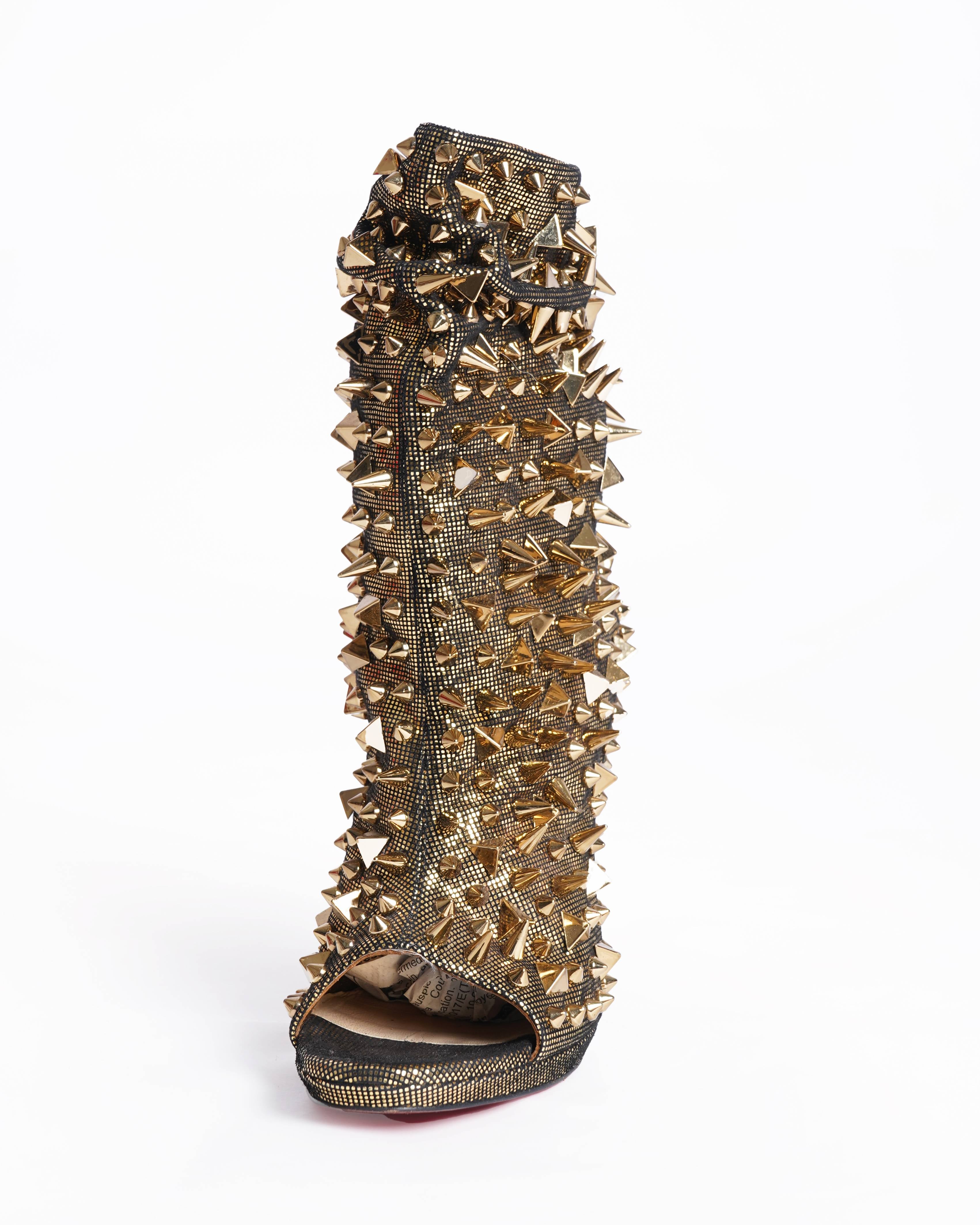 Christian Louboutin gold metallic spiked peep toe boot heels