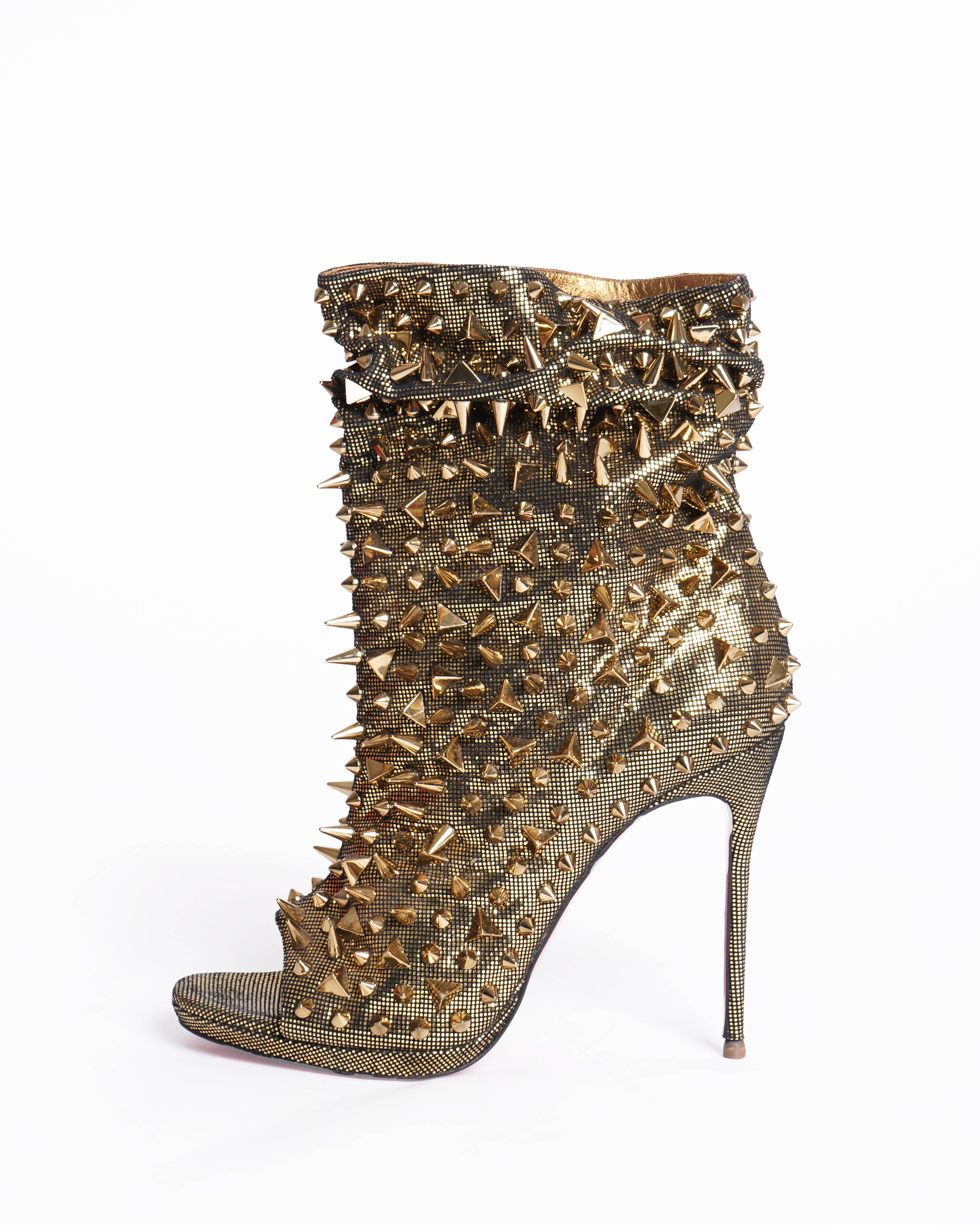 Christian Louboutin gold metallic spiked peep toe boot heels