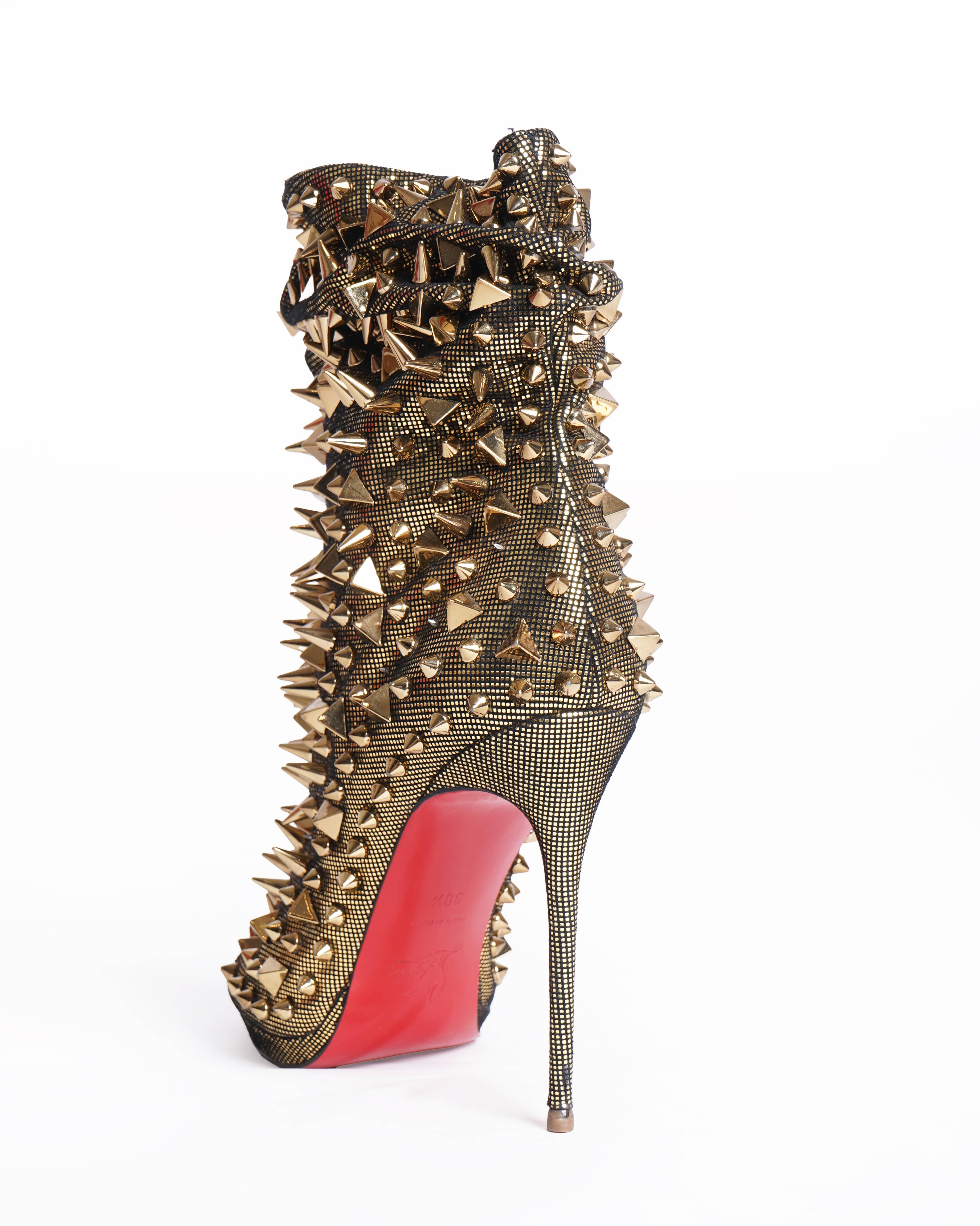 Christian Louboutin gold metallic spiked peep toe boot heels