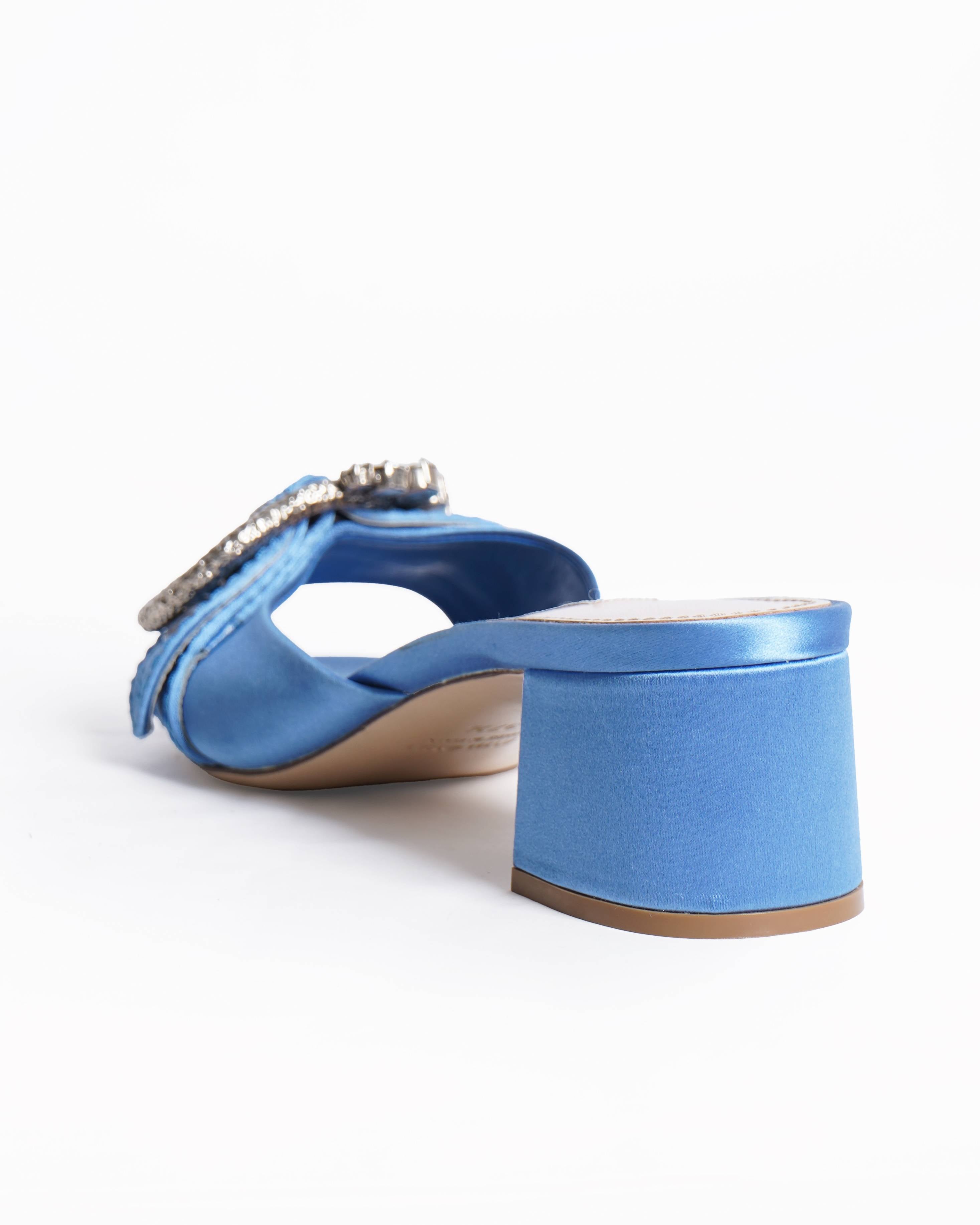 Miu Miu Blue Satin Crystal Buckle mules