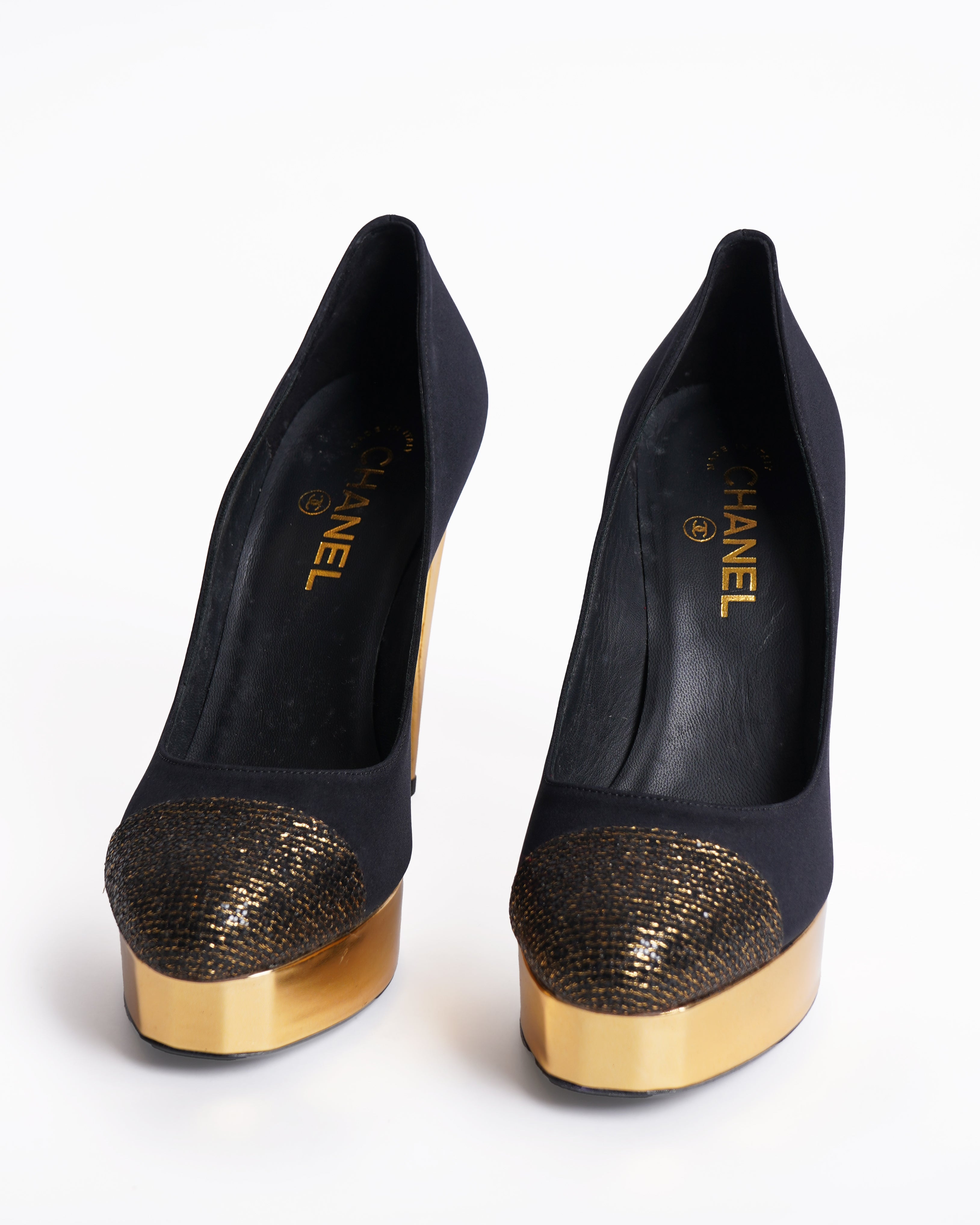 New Chanel Black & Golden Satin Block Heel Pumps